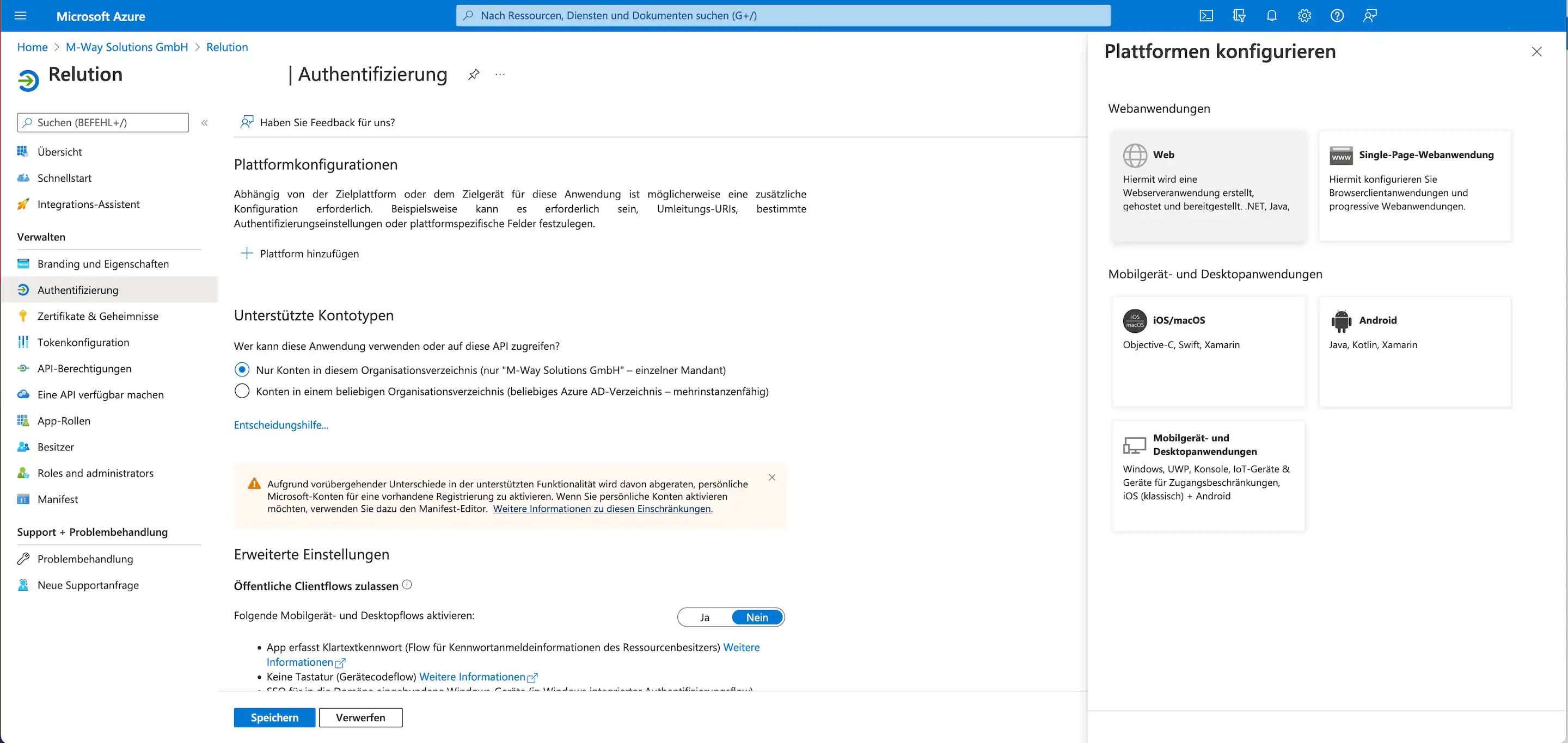 Konfigurationsansicht in Azure mit der Auswahl der Kachel „Web“ und der Eingabe der Umleitungs-URI