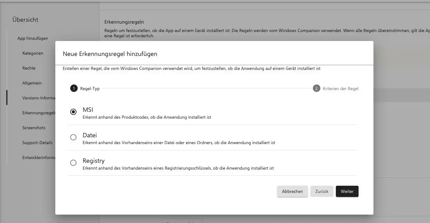 Übersicht im Relution-Portal zu den verfügbaren Erkennungsregeln, mit den Optionen „MSI“, „Datei“ und „Registry“, die Programme auf Windows-Geräten identifizieren können