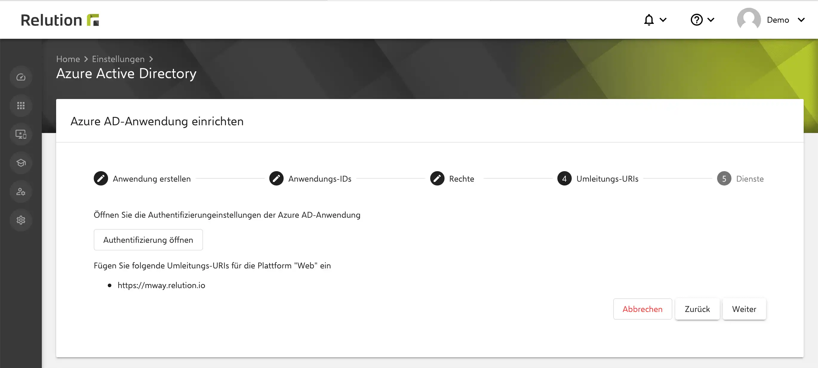 Darstellung von Informationen und Einträgen in Relution, die für die Konfiguration in Azure benötigt werden