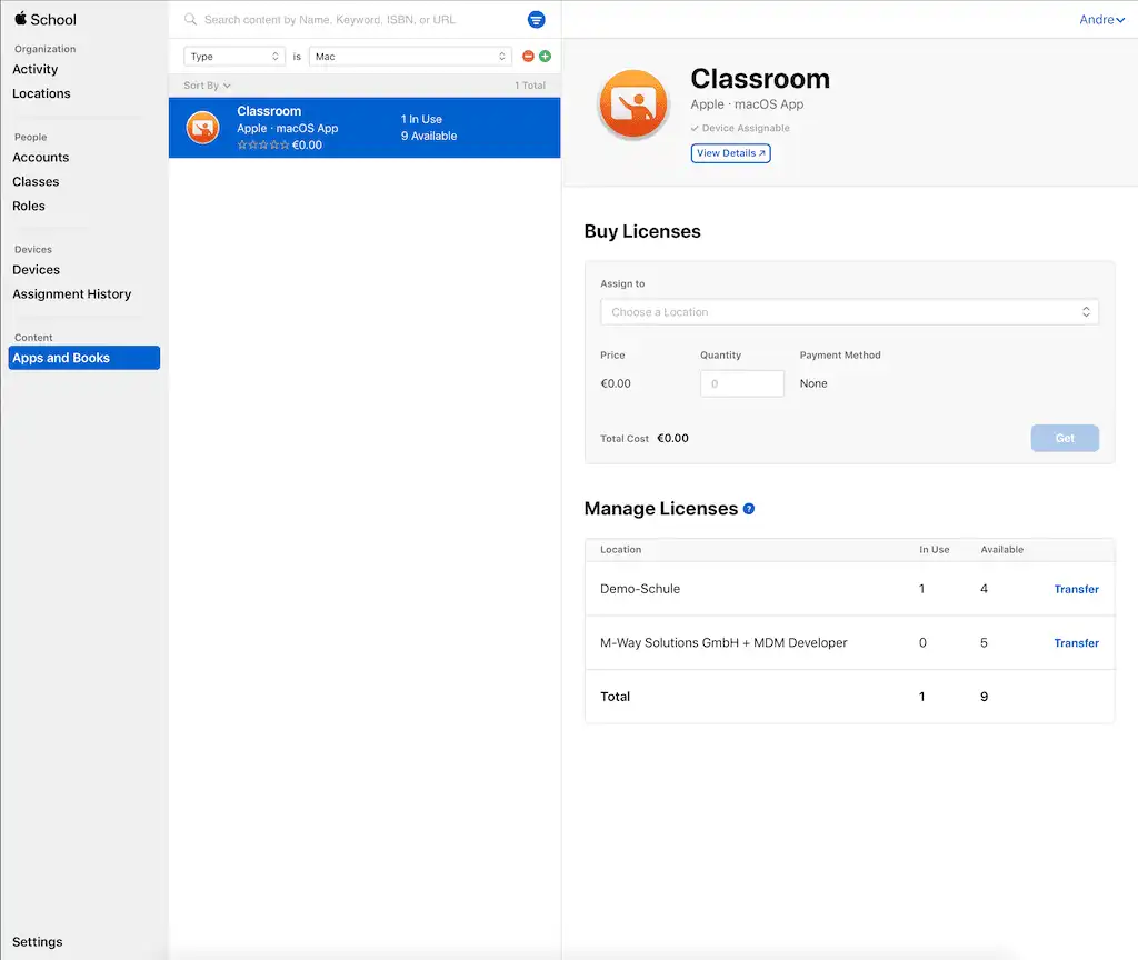 Vista en Relution para la adquisición y distribución centralizada de licencias de aplicaciones macOS mediante Apple School Manager y el Volume Purchase Program (VPP)