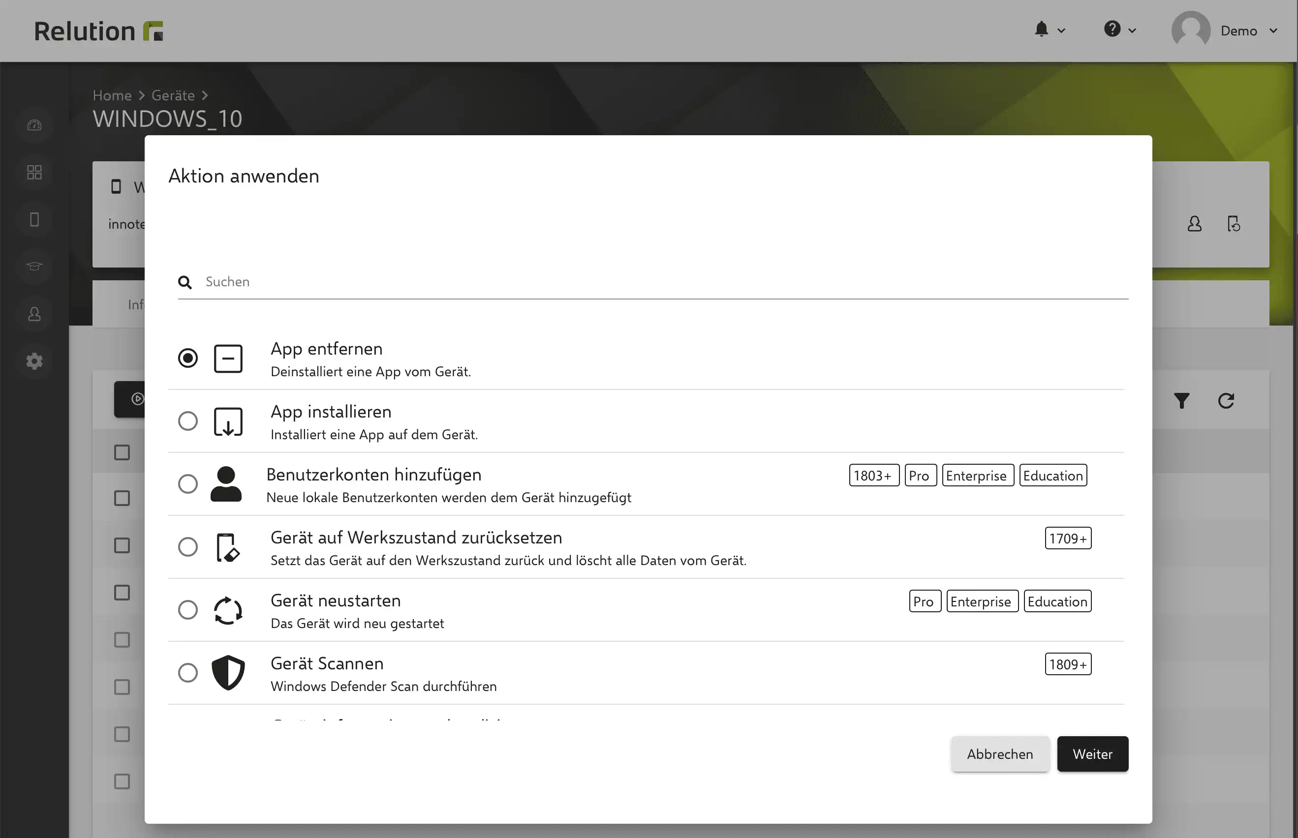 Anzeige von Aktionen wie „App bereitstellen“ oder „Konten hinzufügen“ in Relution mit Badges, die die Kompatibilität mit bestimmten Windows 10-Editionen und -Versionen anzeigen