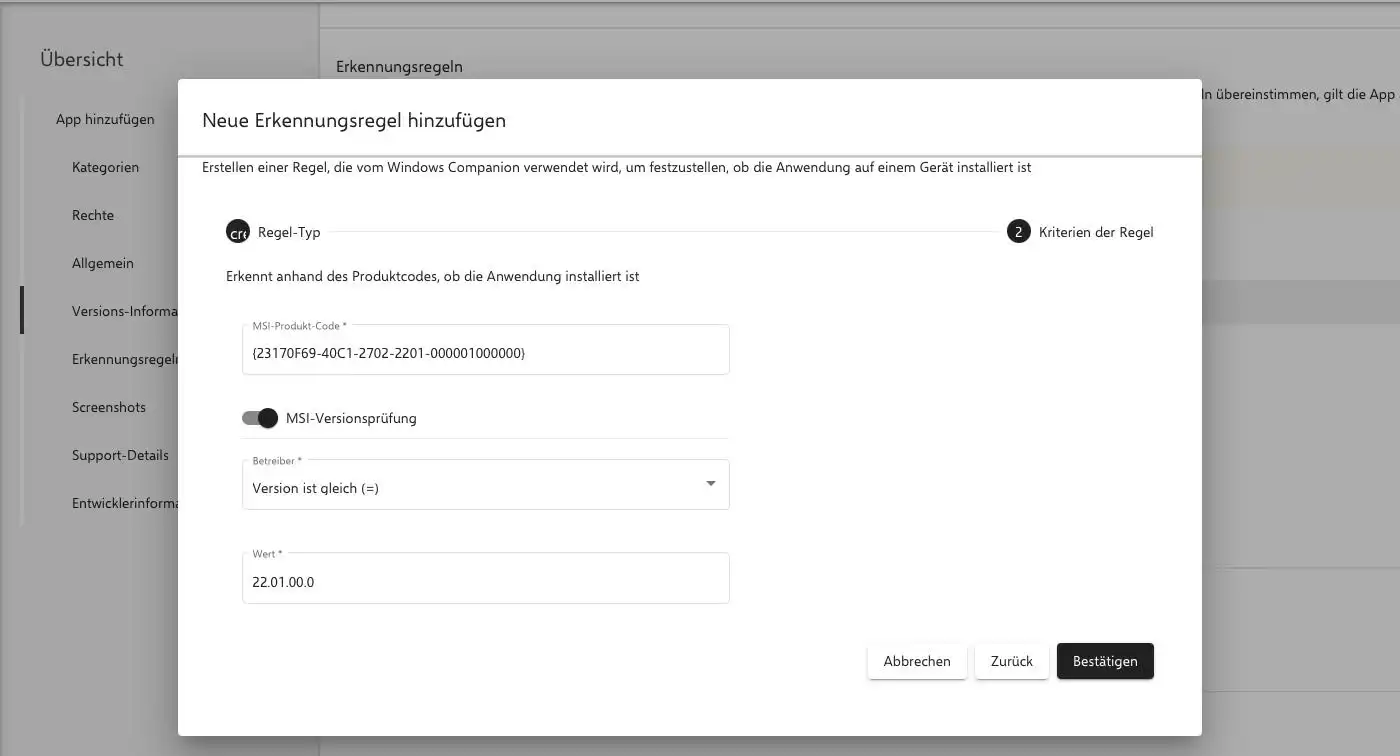 Eingabemaske in Relution Companion Windows zur Konfiguration der „MSI“-Erkennungsregel, mit Feldern für den MSI-Produkt-Code und die Angabe einer spezifischen Versionsnummer