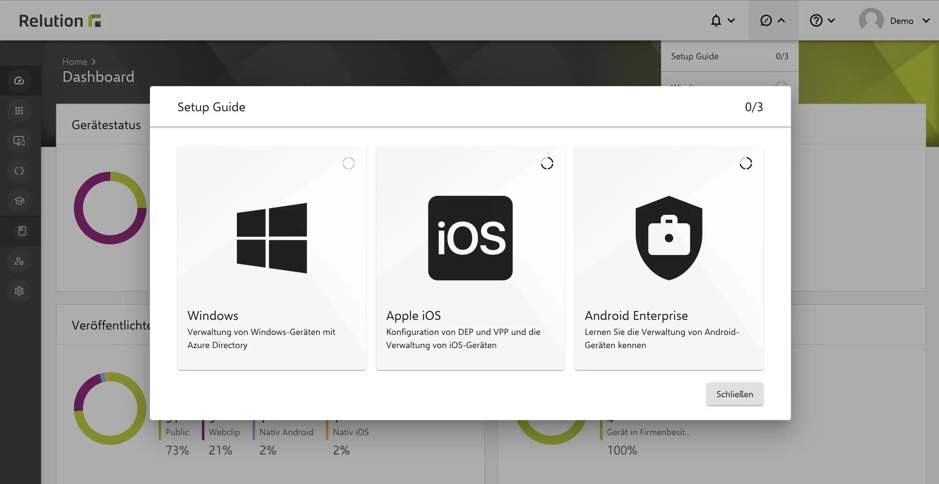 „Setup Guide“ im Relution Portal für Schritt-für-Schritt-Hilfe zu Einstellungen in Windows, iOS und Android Enterprise