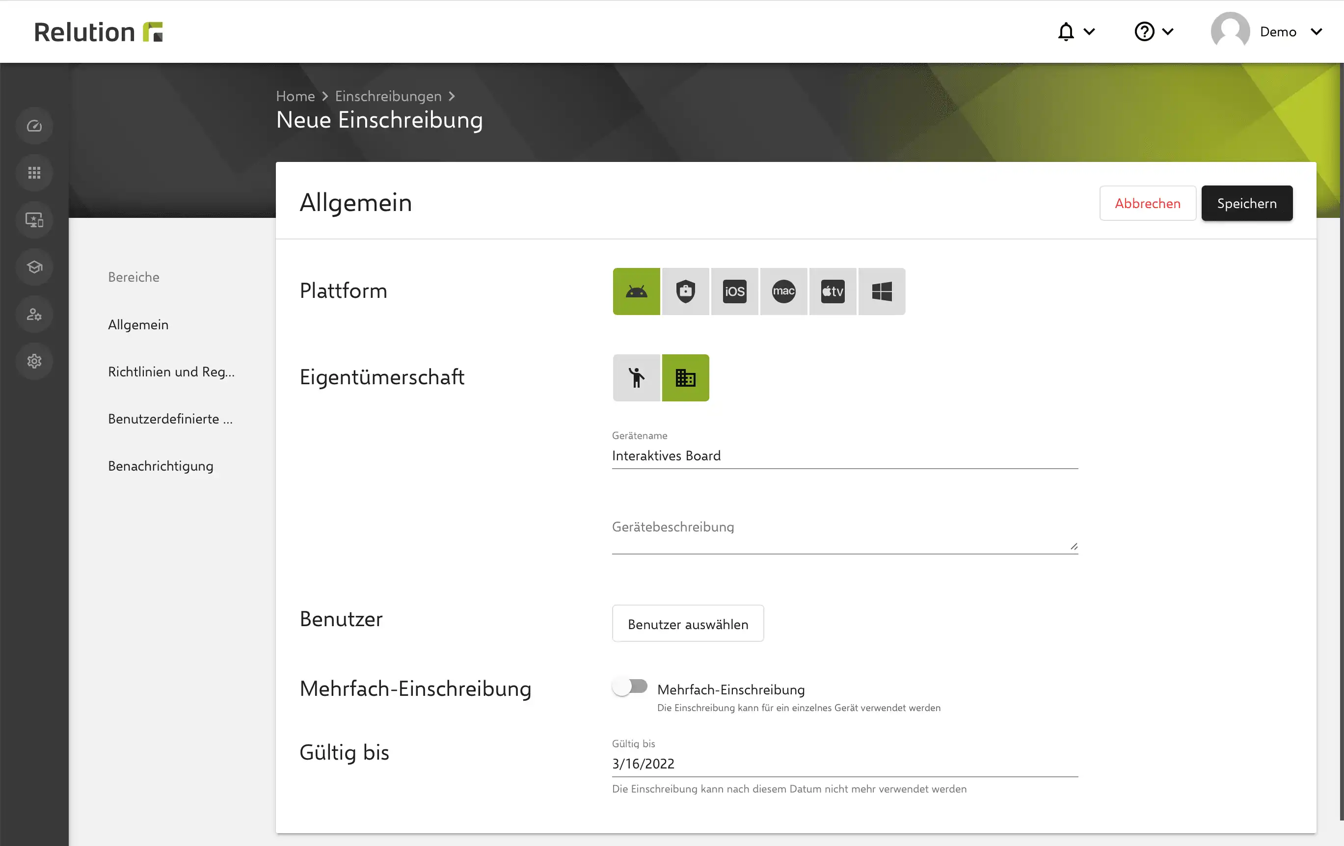Darstellung des Einschreibungsprozesses von Interaktiven Whiteboards in Relution unter Auswahl der Plattform Android Classic