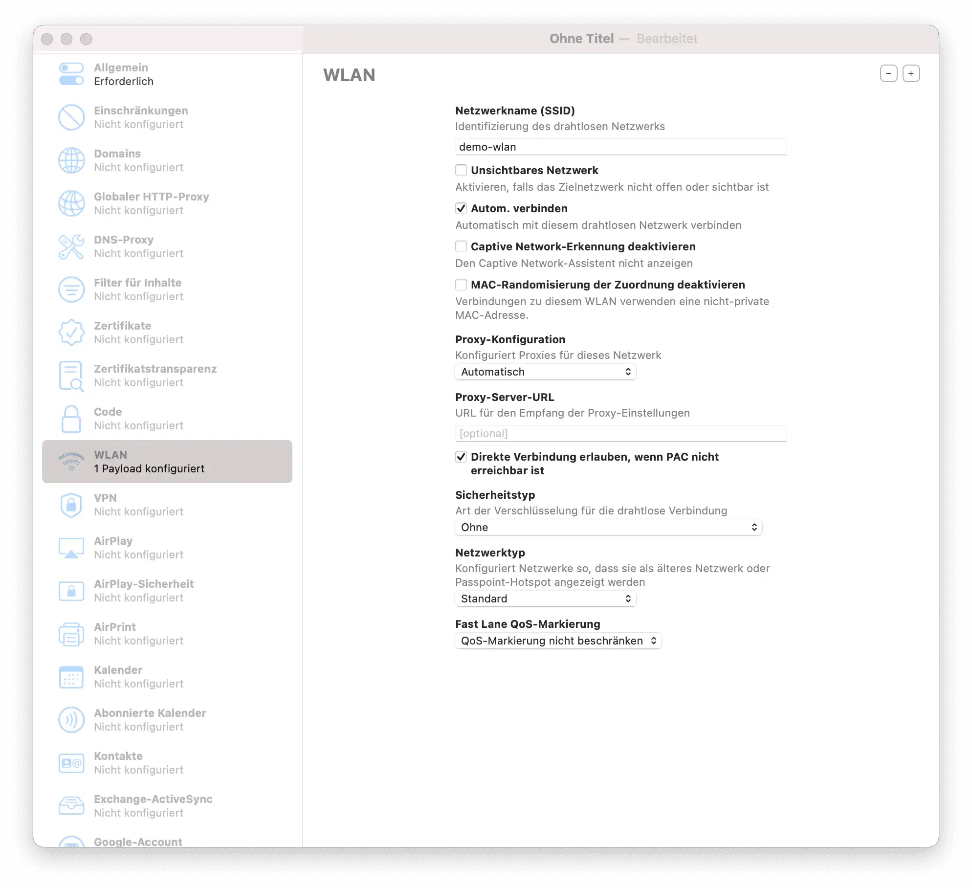 Erstellung eines WLAN-Profils auf dem Mac im Menü „Ablage“ für die Vorbereitung der nachträglichen DEP-Registrierung von Geräten