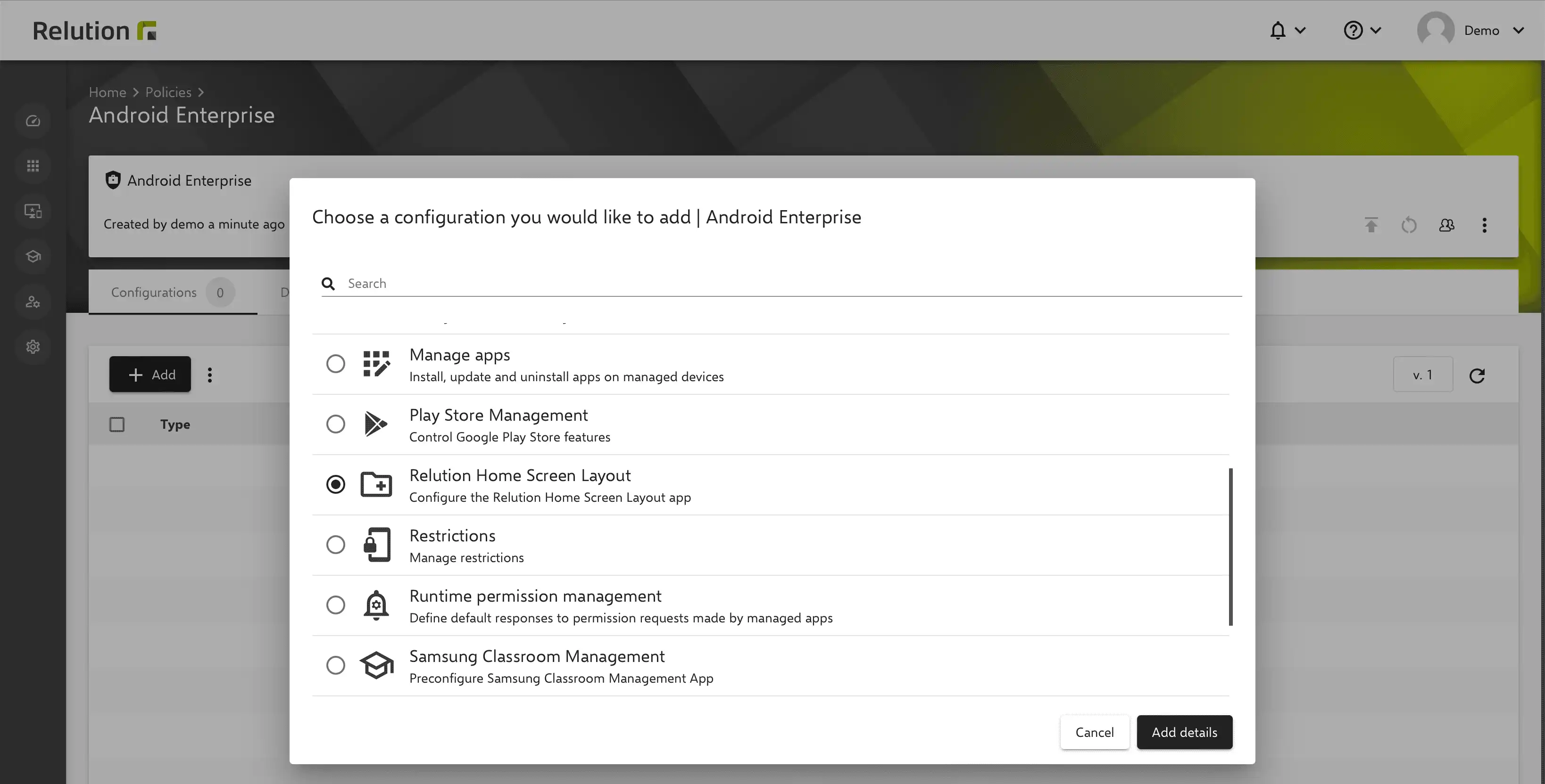 Configuration view in Relution for customizing the home screen and wallpaper for Android Enterprise devices using the "Relution Homescreen Layout" option