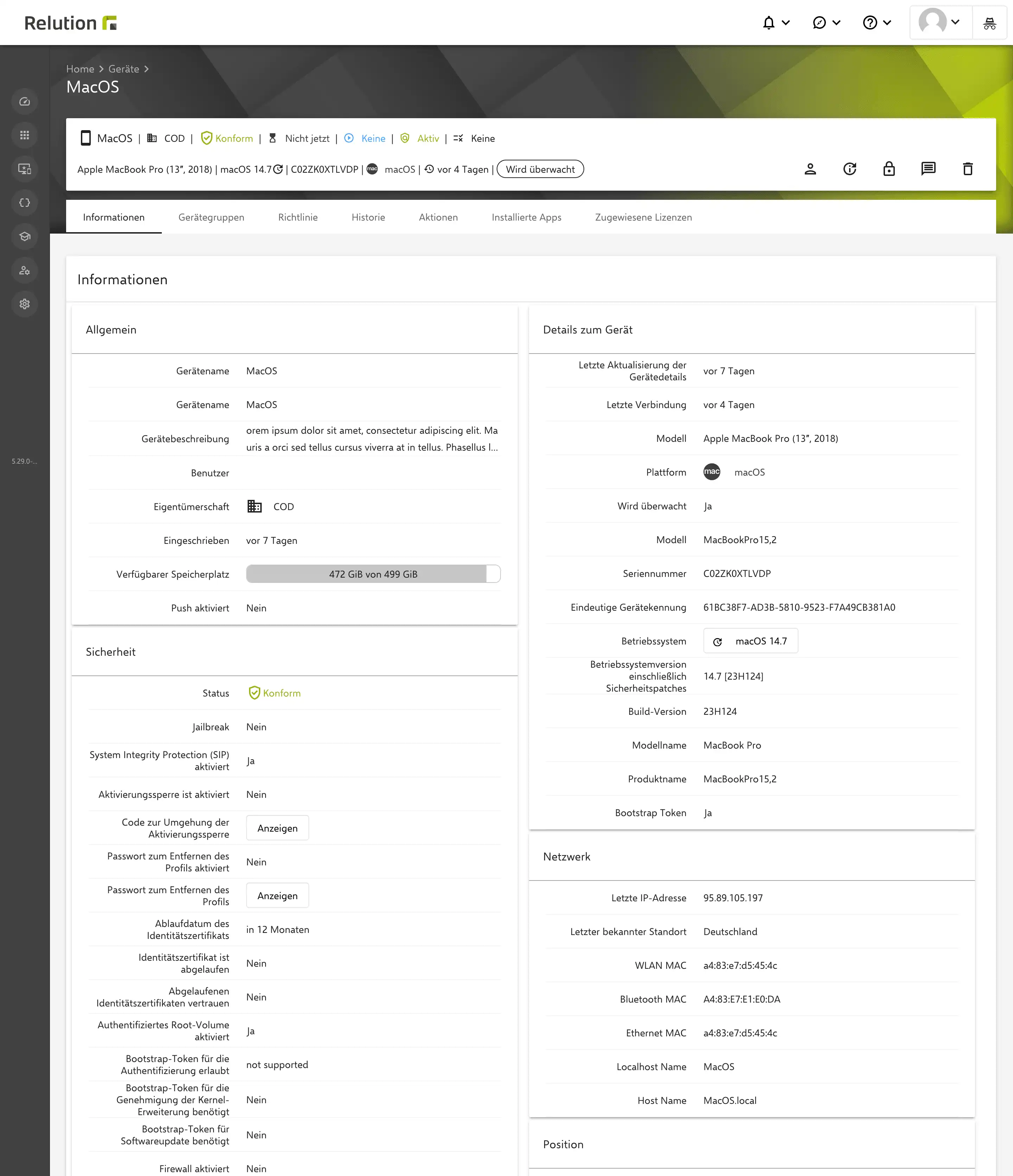 Übersicht in Relution mit Informationen zu einem eingeschriebenen Gerät, einschließlich allgemeiner Infos, Sicherheitsstatus, Gerätedetails und Netzwerkinformationen