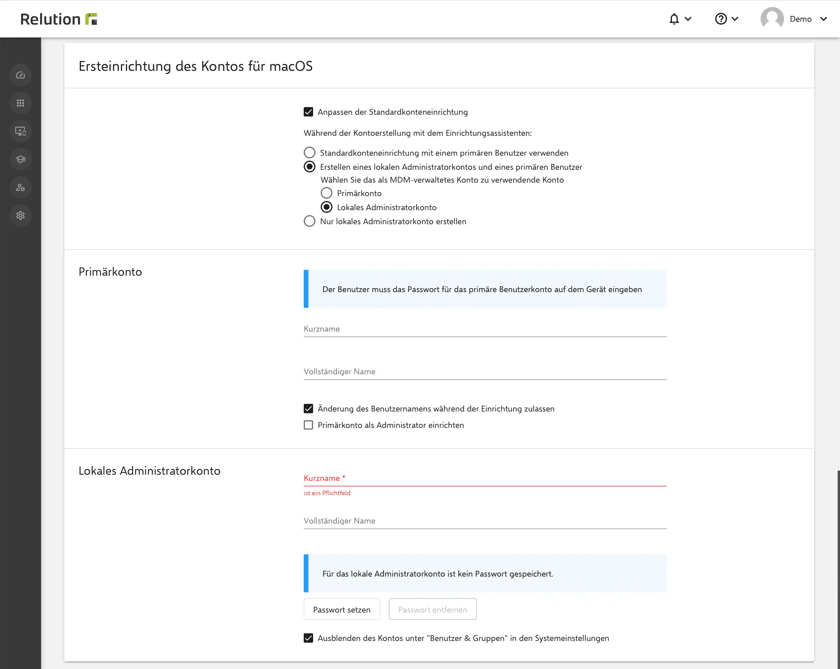 Konfiguration eines lokalen Administratorkontos im DEP-Profil direkt in Relution für macOS-Geräte zur automatisierten Ersteinrichtung