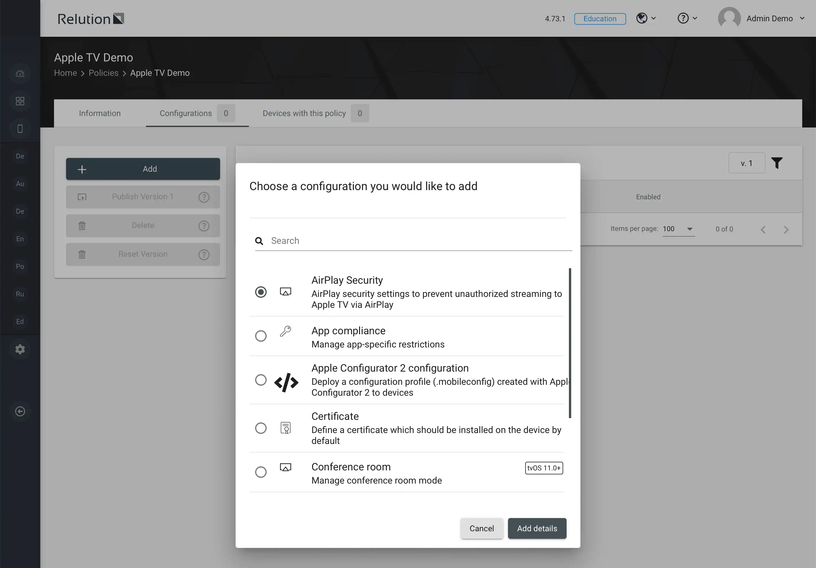 Representation of tvOS-specific configuration options within a policy in Relution