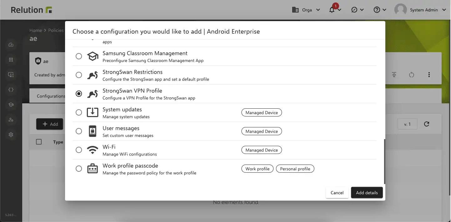 Android Enterprise cihazları için yeni VPN yapılandırmasını gösteren, StrongSwan VPN Client uygulamasını ve StrongSwan sunucusunu gerektiren Relution ayarlarının ekran görüntüsü