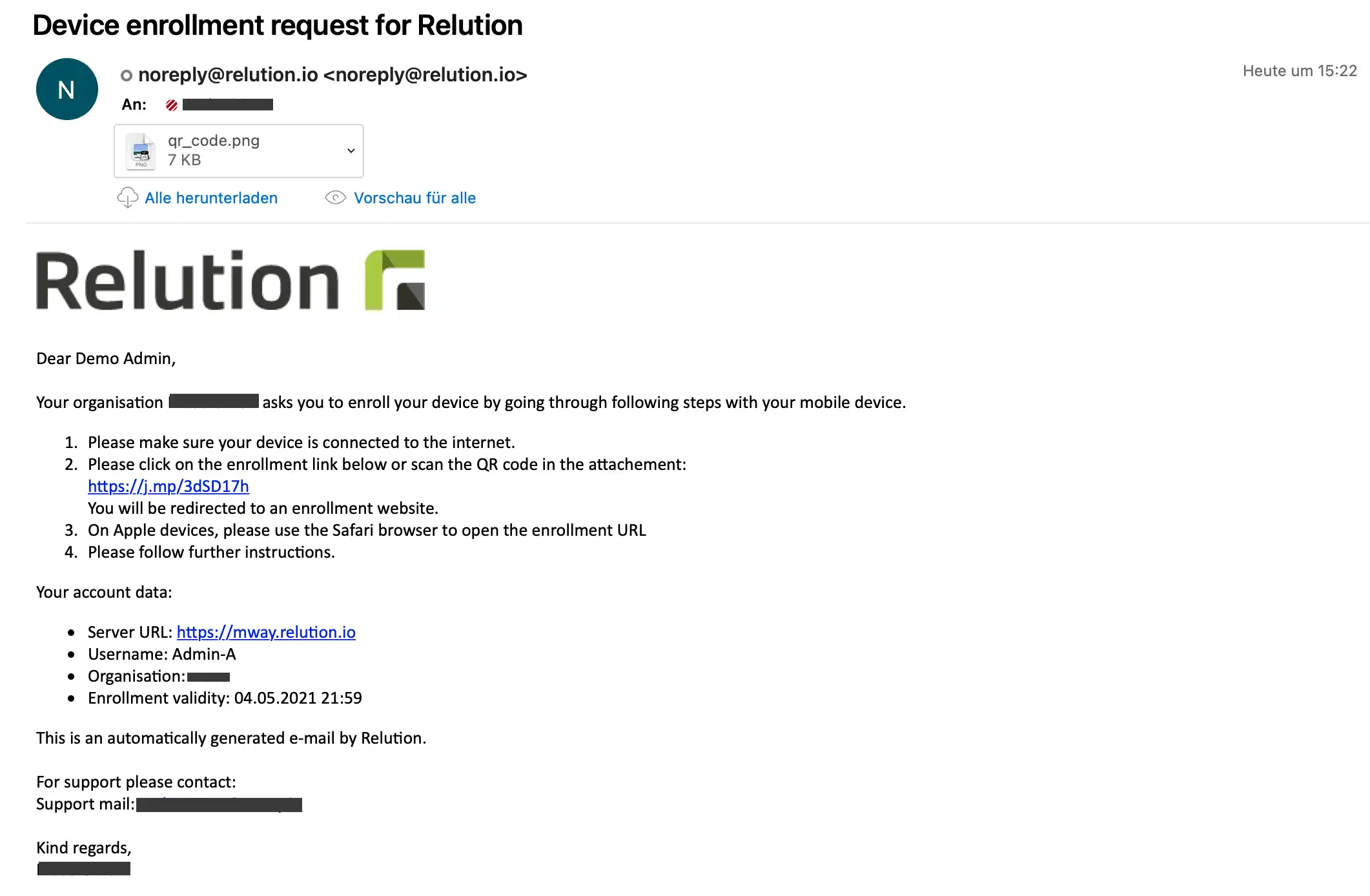 E-Mail mit Einschreibeinformationen aus Relution, einschließlich eines Links zur Einschreibung des zugewiesenen Geräts