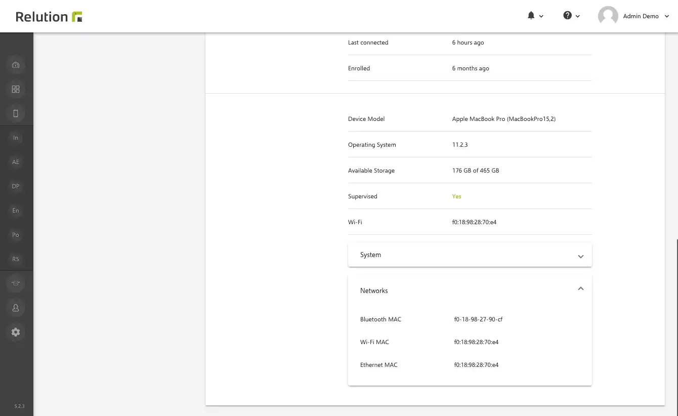 Device information in Relution with an expanded "Network" section displaying MAC addresses for macOS devices