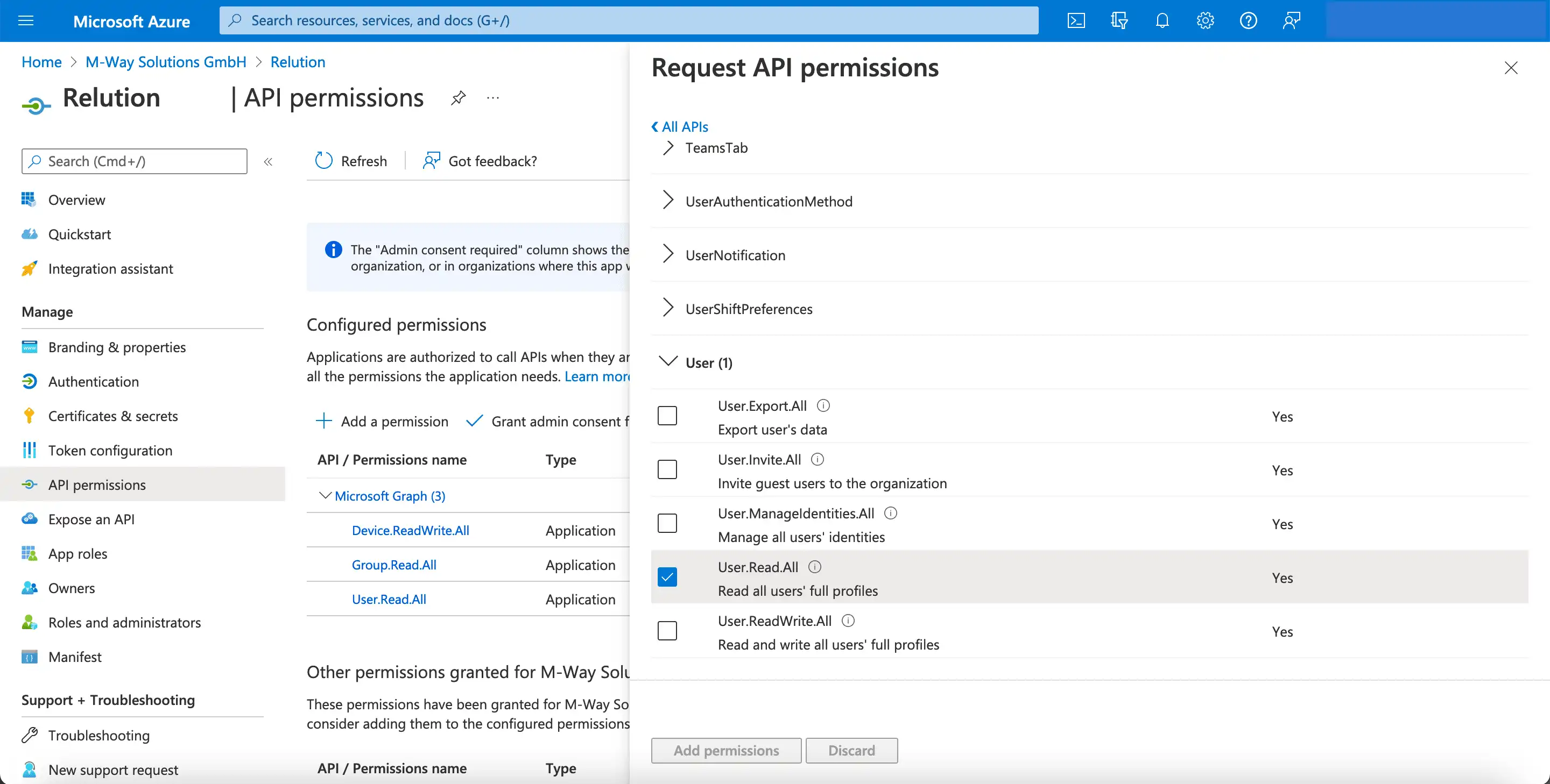 Área de configuración en Microsoft Azure para configurar los permisos de API con la selección de la opción « User.Read.All » bajo « User »