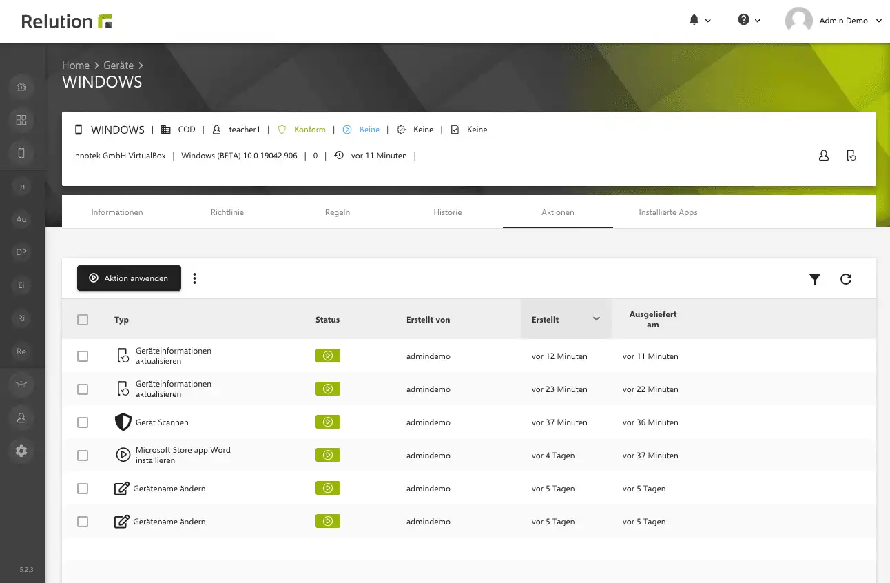 Gerätedetails in Relution mit Anzeige der Aktion „Auto-Deployments“ für die Installation von Windows Apps aus dem Microsoft Store