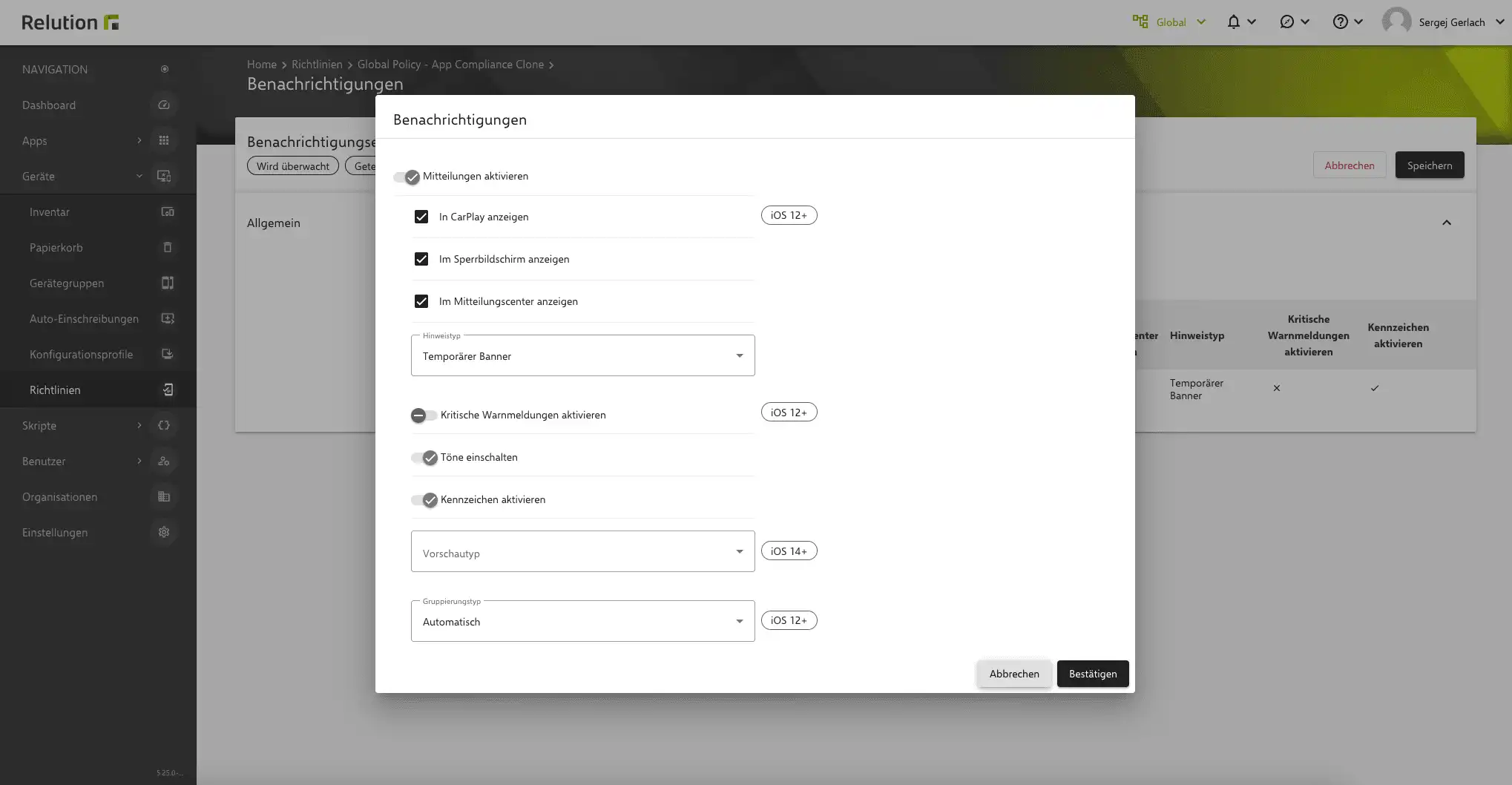 Screenshot dell'opzione di configurazione in Relution per regolare le impostazioni di notifica delle app, inclusa la visualizzazione diretta delle notifiche push