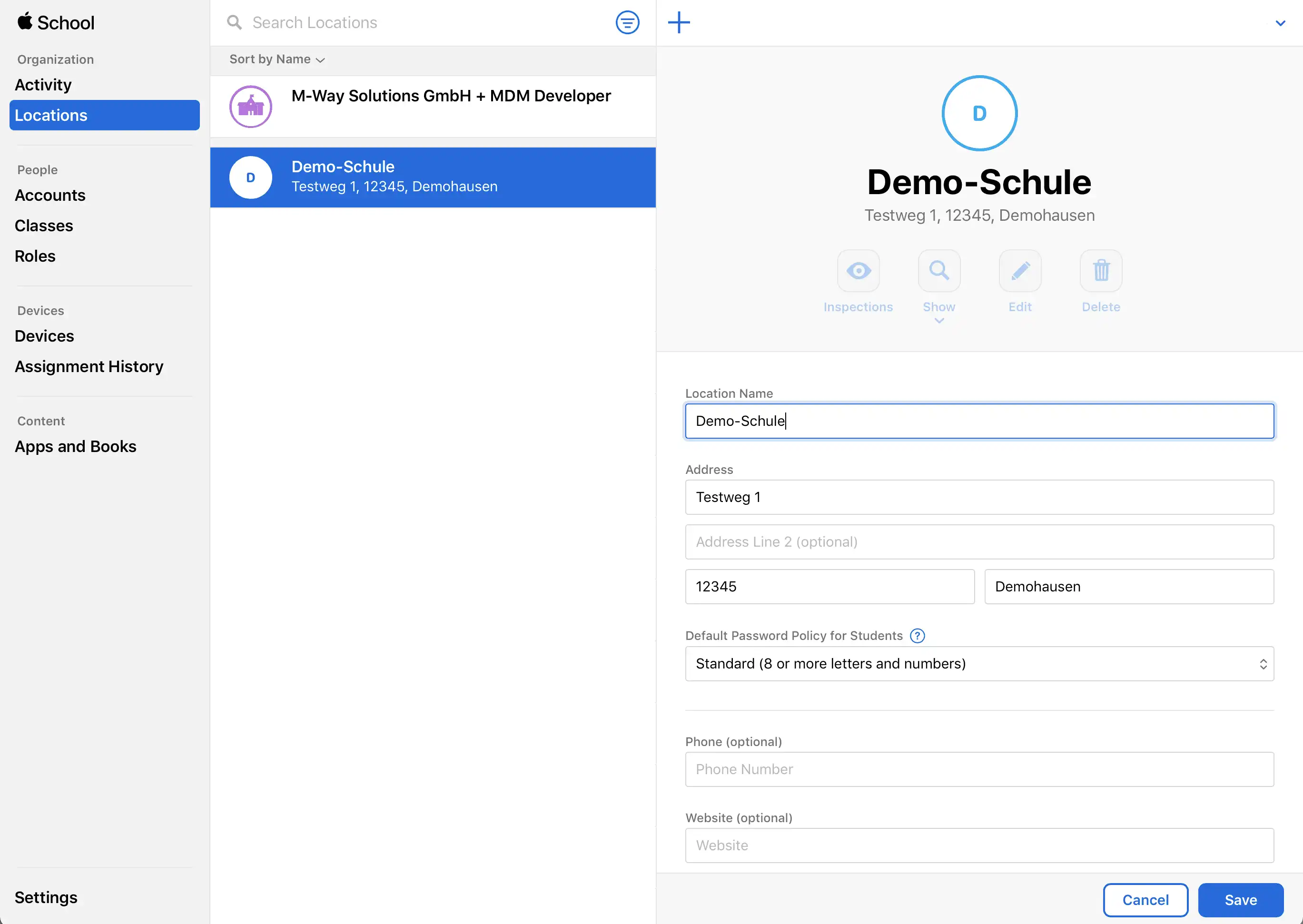 Representación en Apple School Manager que muestra la creación de una nueva ubicación para vincular las licencias VPP con Relution