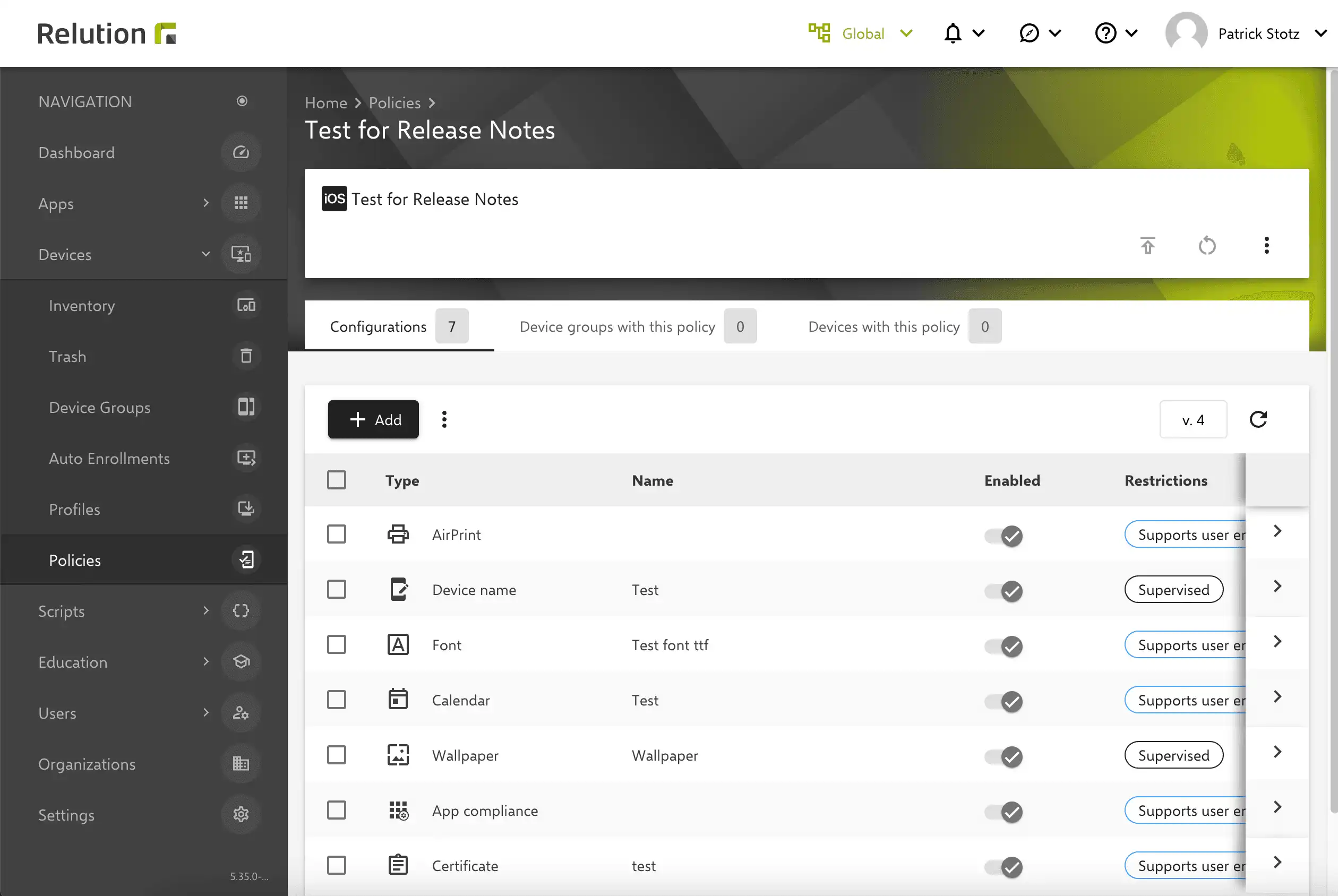 Screenshot showing the policy settings in Relution