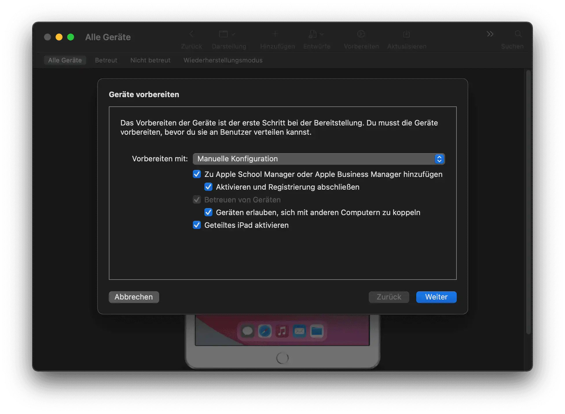 Abbildung eines Installationsschritts mit der Option „Geteiltes iPad aktivieren“ und weiteren ausgewählten Einstellungen unter „Vorbereiten“ mit manueller Konfiguration