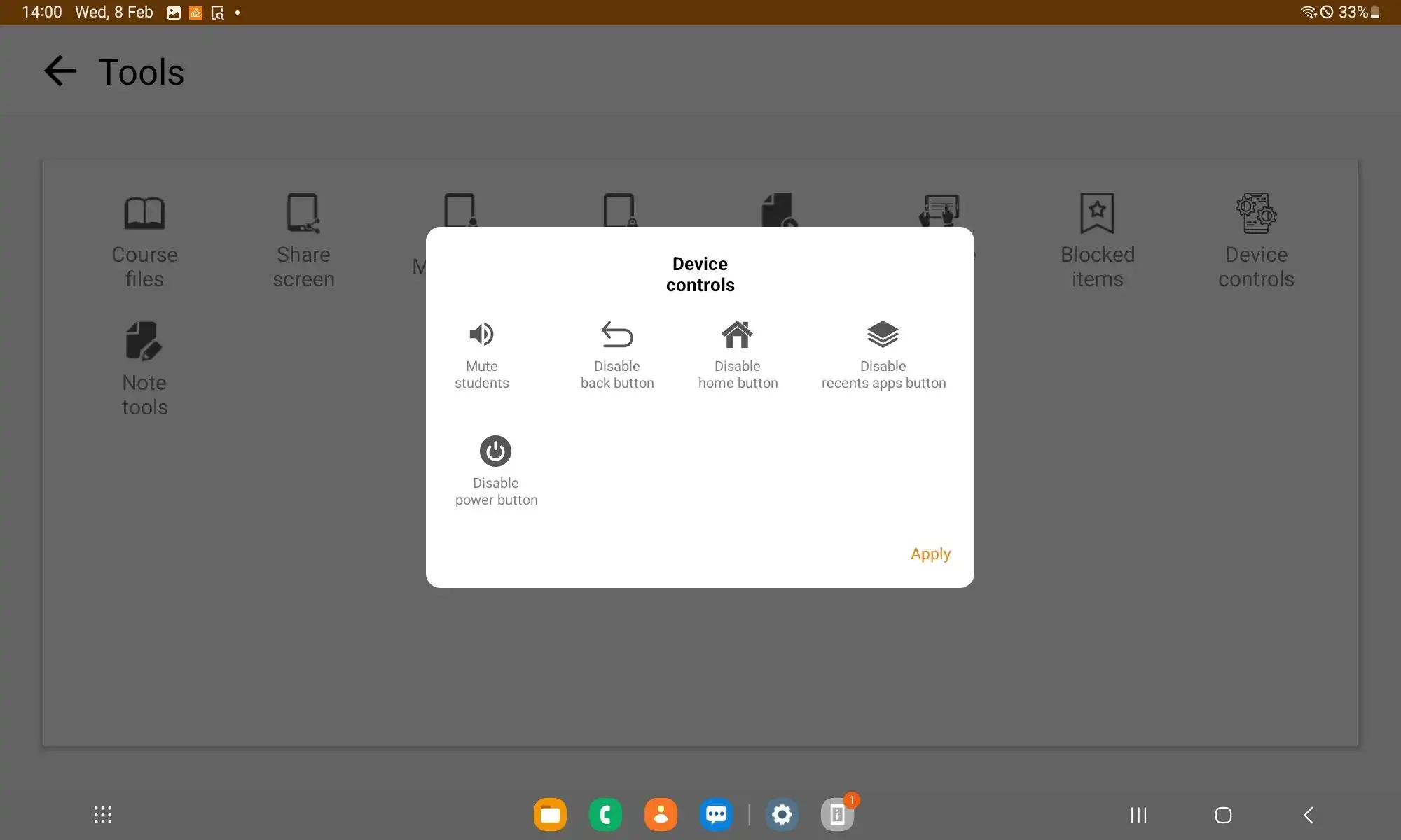 Configuración en « Control del dispositivo » en el menú « Herramientas » de la aplicación Samsung Classroom Management para desactivar las teclas de función y silenciar el volumen en los dispositivos de los estudiantes