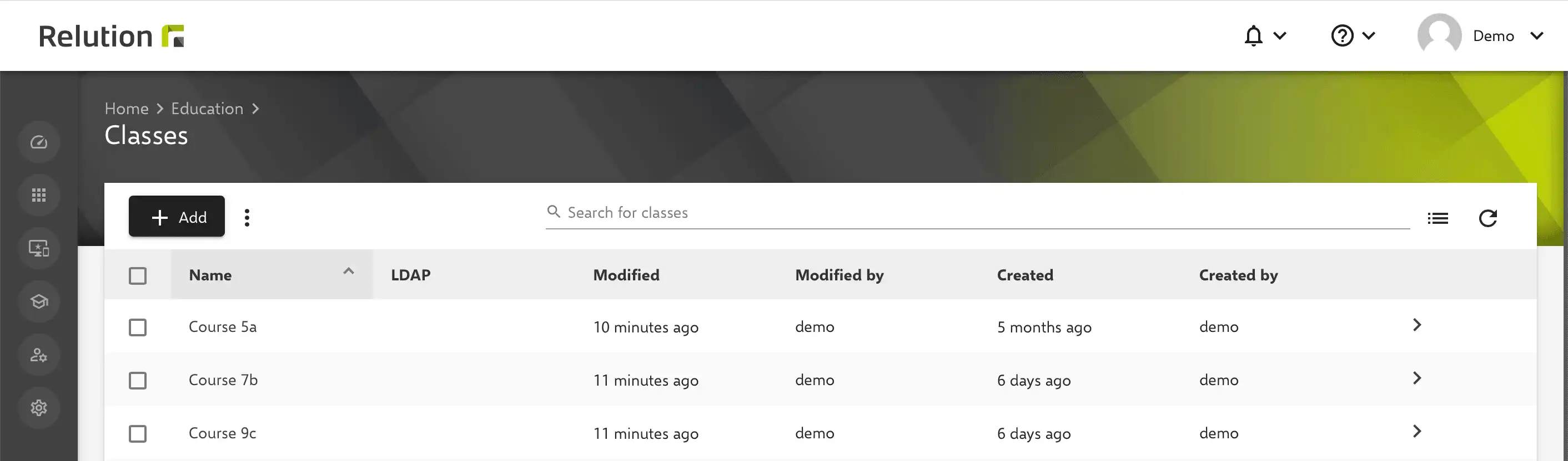 Panoramica delle classi già create nel portale Relution sotto il menu « Educazione »