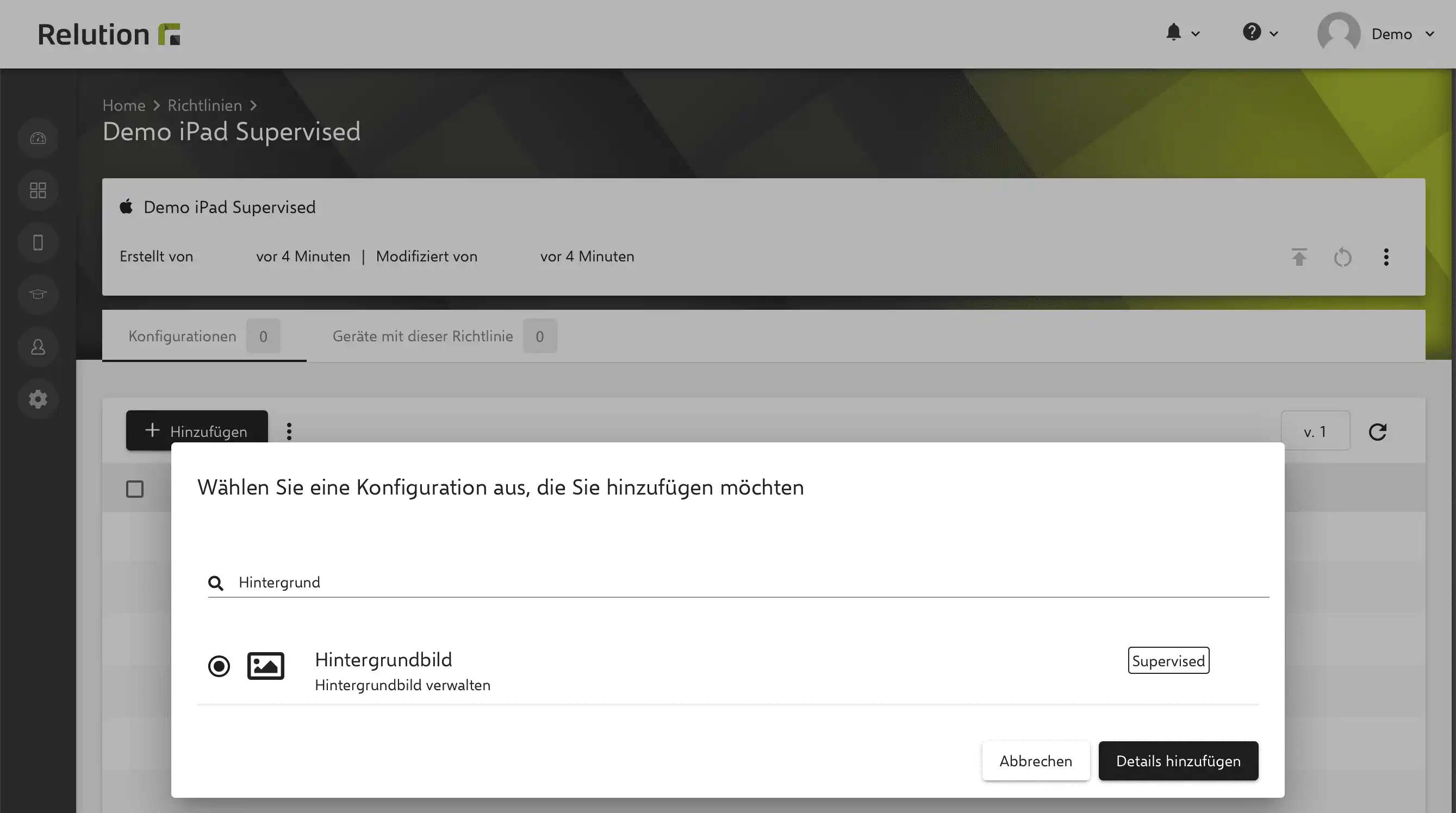 Konfiguration „Hintergrundbild“ in Relution zur Remote-Anpassung des Hintergrundbilds auf iOS-Geräten für Homescreen und Sperrbildschirm, etwa mit einem Schullogo oder einheitlichem Design