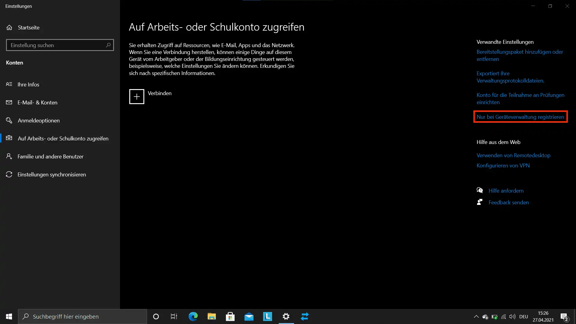Einrichtung eines Windows 10/11-Geräts durch Auswahl von „Nur bei Geräteverwaltung registrieren“ im Bereich „Auf Arbeits- oder Schulkonto zugreifen“