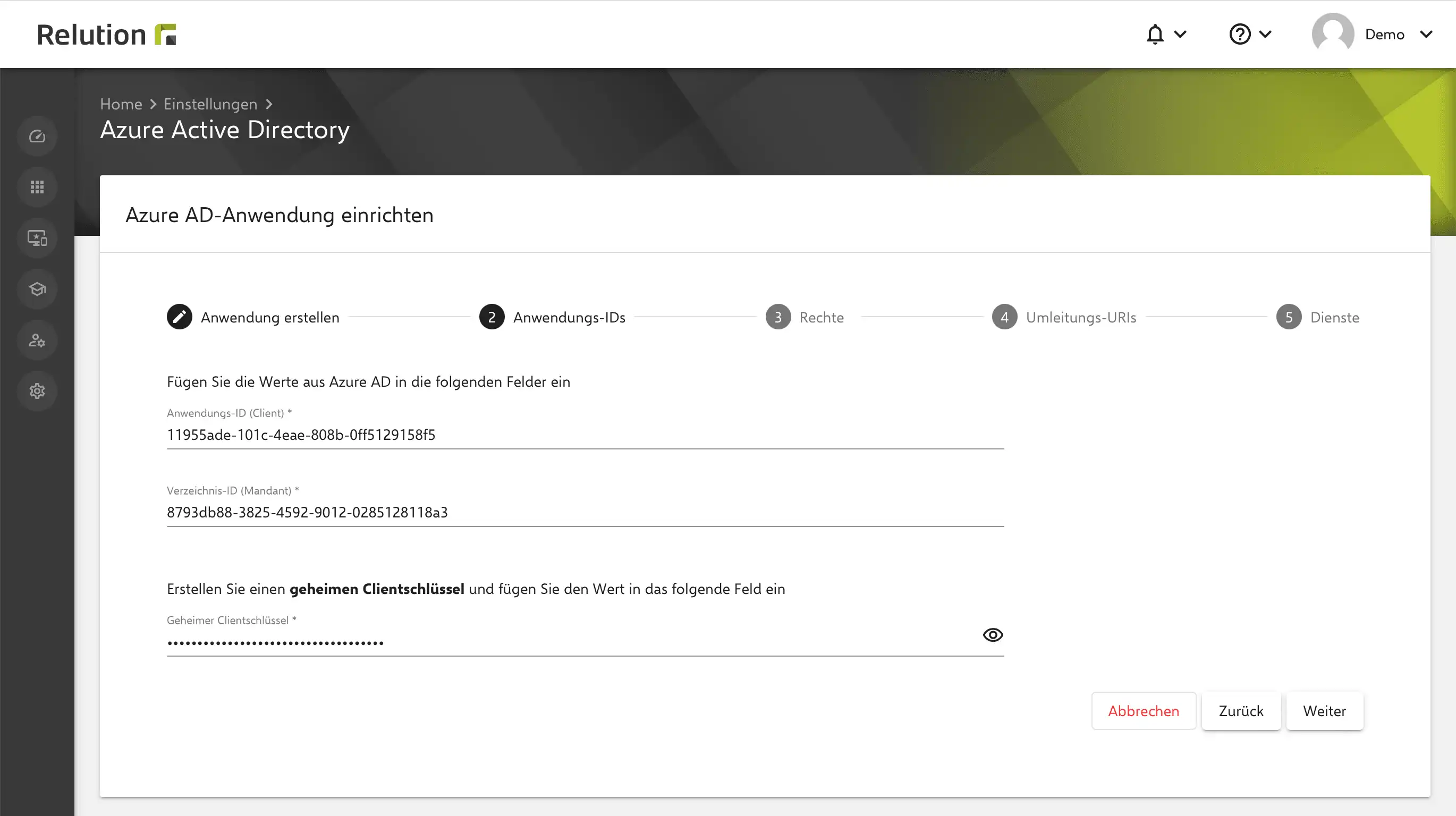 Konfiguration der lokalen MDM-Anwendungseinstellungen in Microsoft Azure mit den Angaben zur Anwendungs-ID, Verzeichnis-ID und dem Wert des geheimen Clientschlüssels