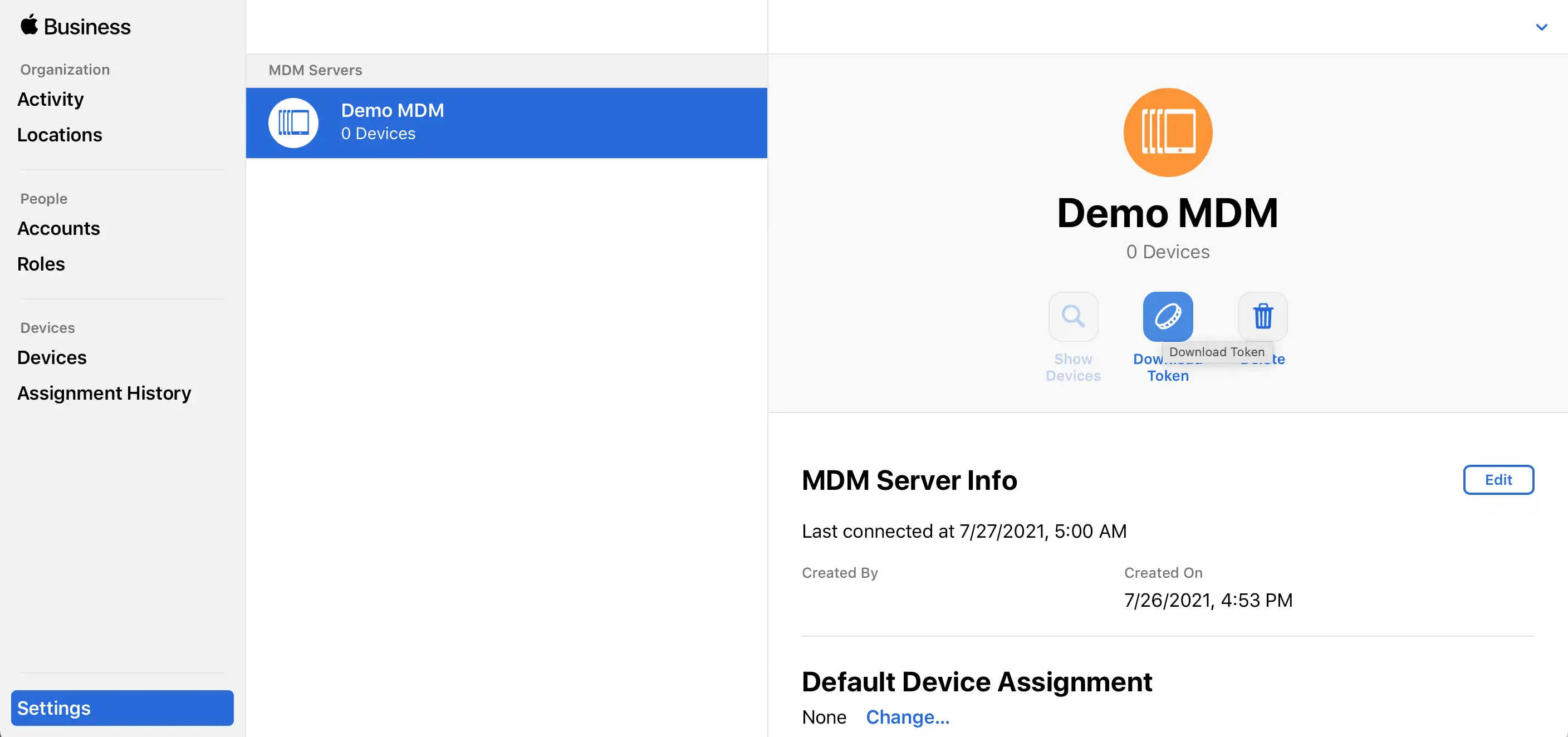 Yeni oluşturulan MDM sunucusu için bir Apple tokeni indirme seçeneğiyle Apple Business Manager'da seçenek