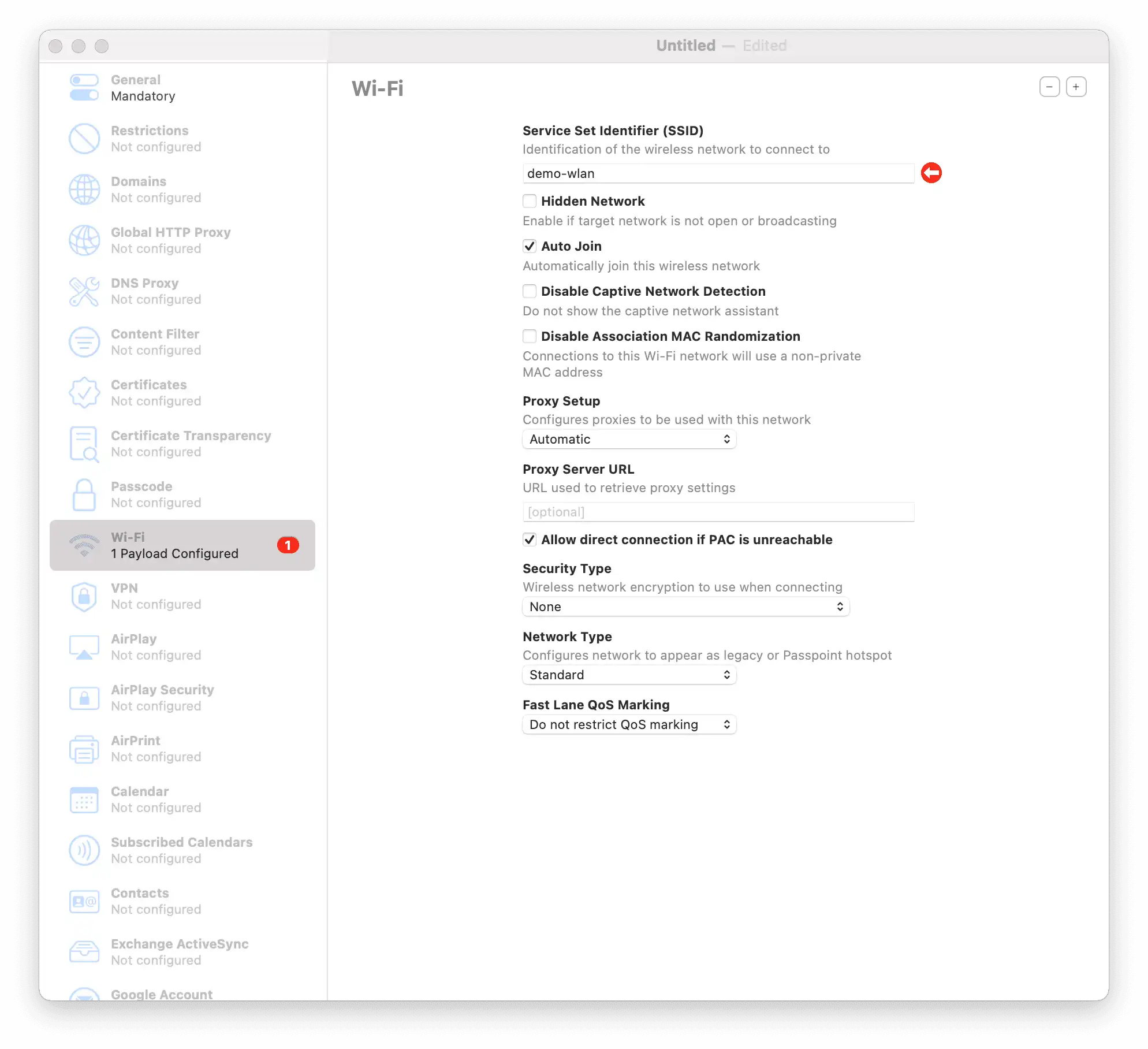 Creación de un perfil WiFi en un Mac en el menú « Archivo » para preparar el registro posterior de los dispositivos en DEP