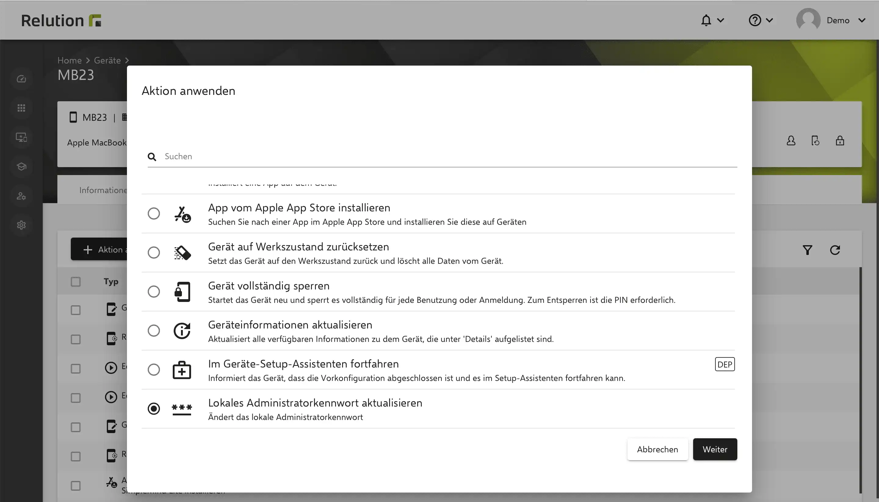 Aktion in Relution zur nachträglichen Änderung des Passworts von MDM-generierten Administratorkonten auf macOS-DEP-Geräten