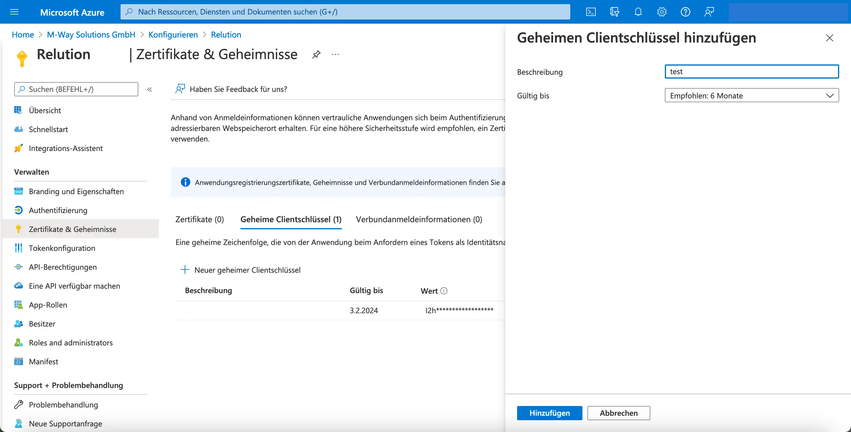 Bereich „Zertifikate & Geheimnisse“ in Azure mit der Option, einen „Geheimer Clientschlüssel“ durch Angabe von Beschreibung und Gültigkeit hinzuzufügen