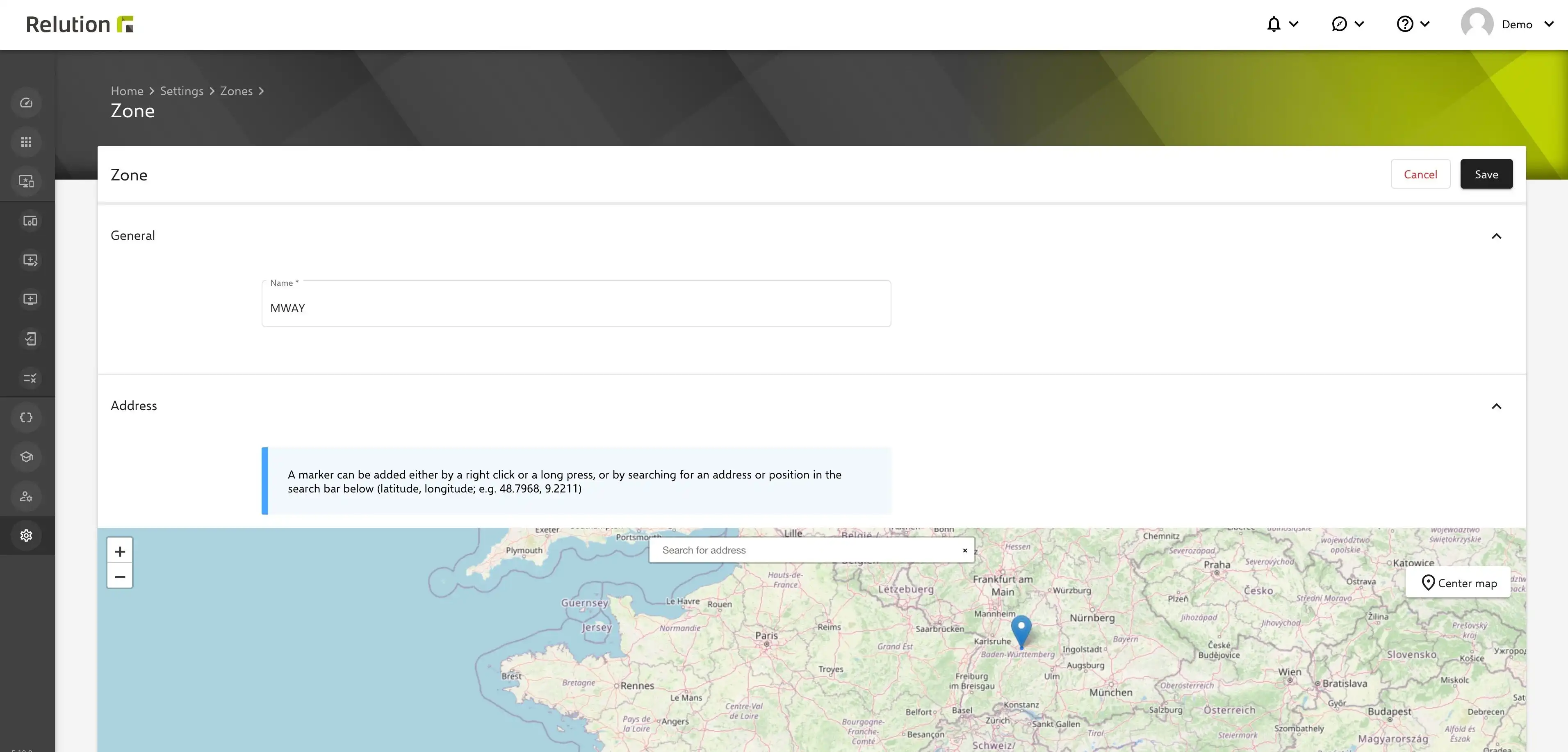 Marking of a geo-zone with name and address on a map in the Relution portal
