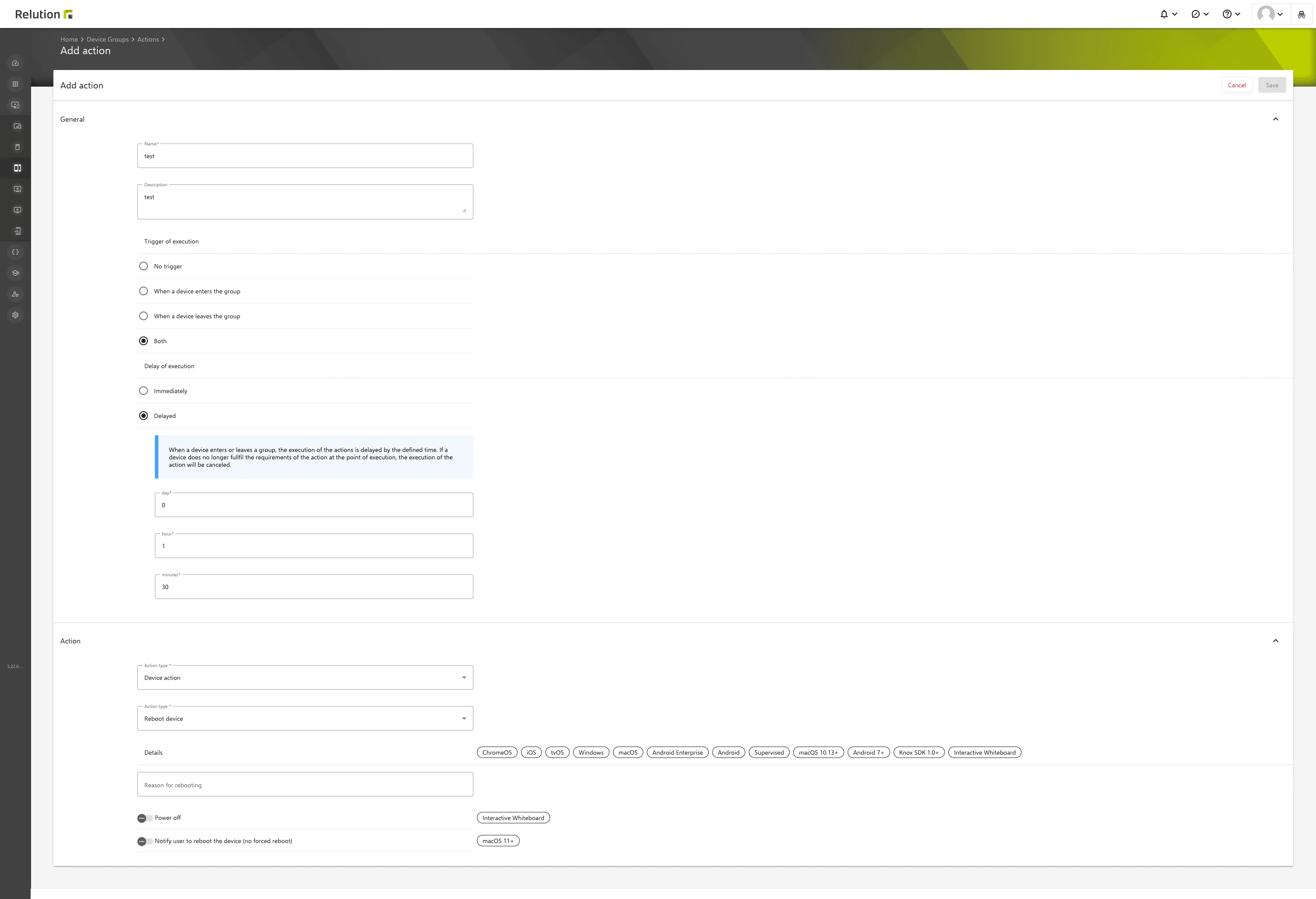 Vista delle impostazioni dei gruppi di dispositivi in Relution con l'opzione per attivare e configurare azioni basate sulle appartenenze ai gruppi