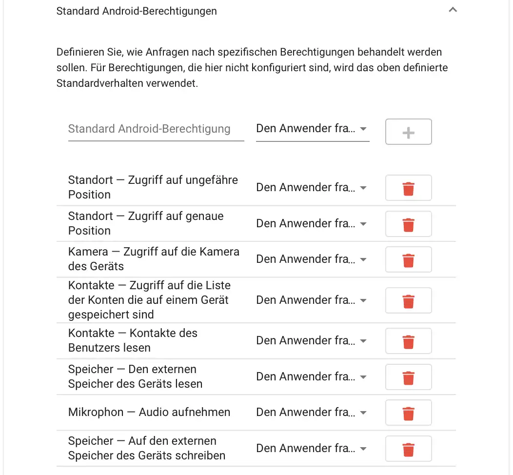 Konfigurationsansicht in Relution zur Verwaltung von Standard Android-Berechtigungen, mit der Möglichkeit, für jede Berechtigung individuelle Antworten festzulegen