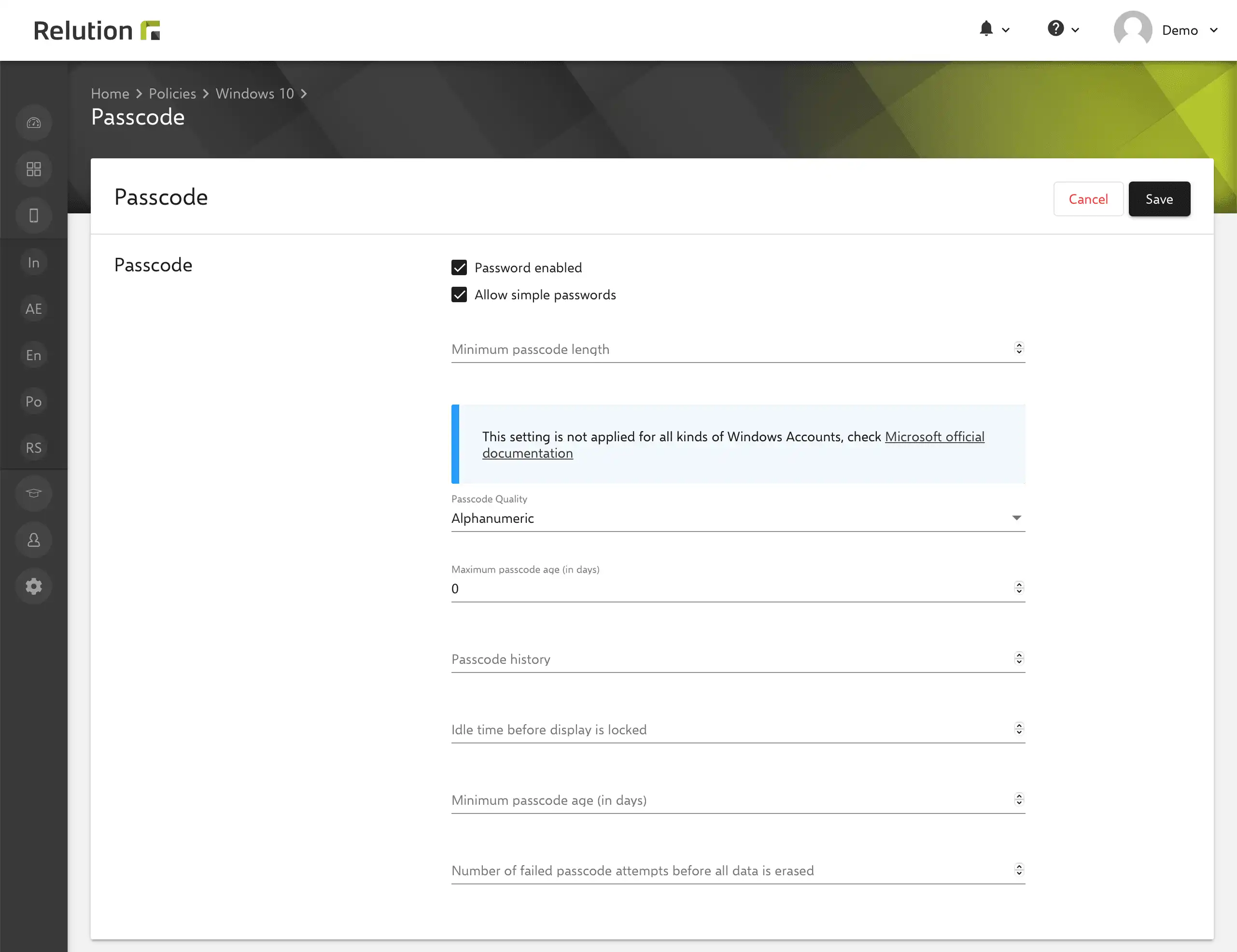Impostazioni in Relution per la gestione delle politiche delle password sui dispositivi Windows con convenzioni predefinite per l'utilizzo delle password