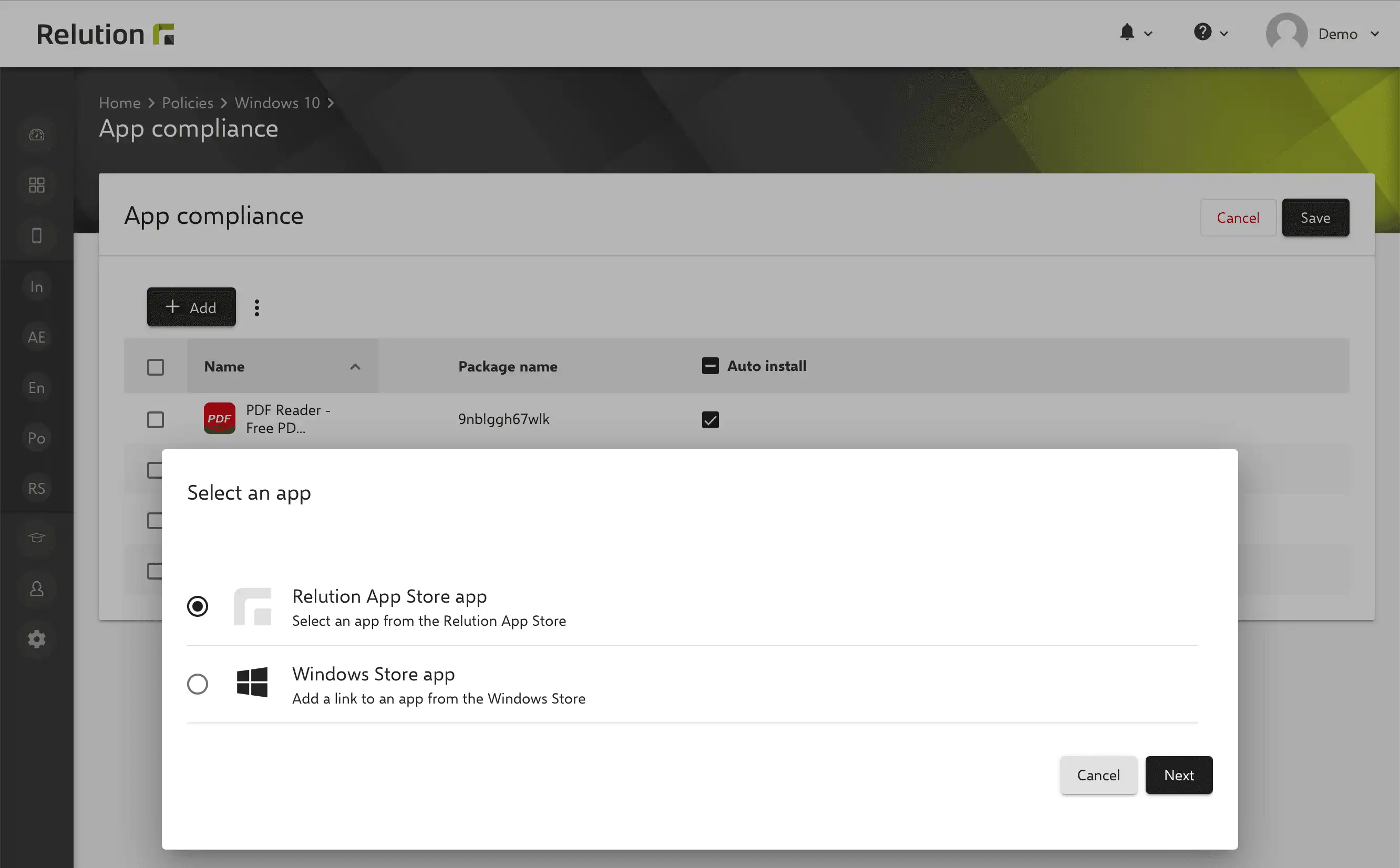 Selezione della fonte delle app nella configurazione « App Compliance » per dispositivi Windows 10/11 tra Relution App Store e Windows Store