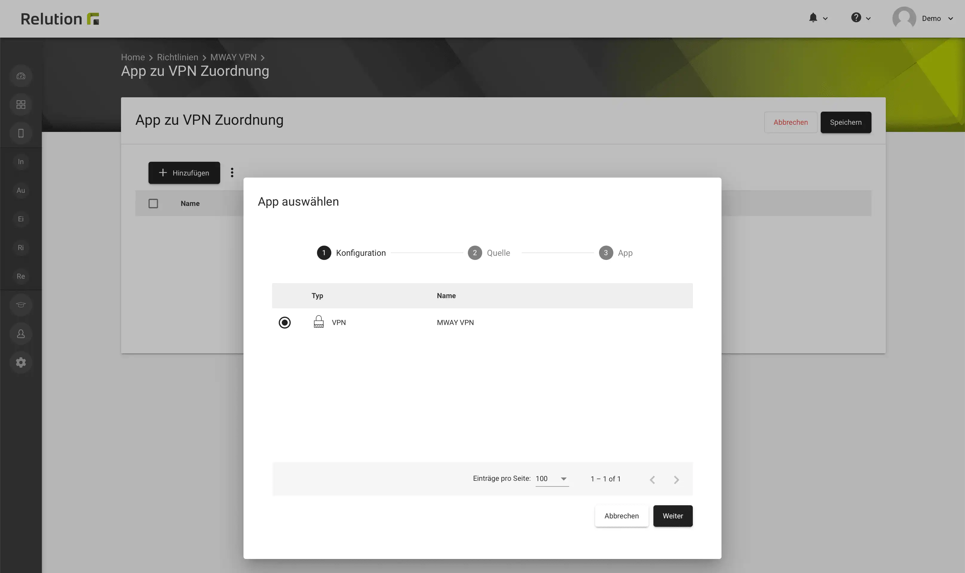 App-Auswahl in der Relution Konfiguration „App zu VPN Zuordnung“ mit der Anwendung „VPN“