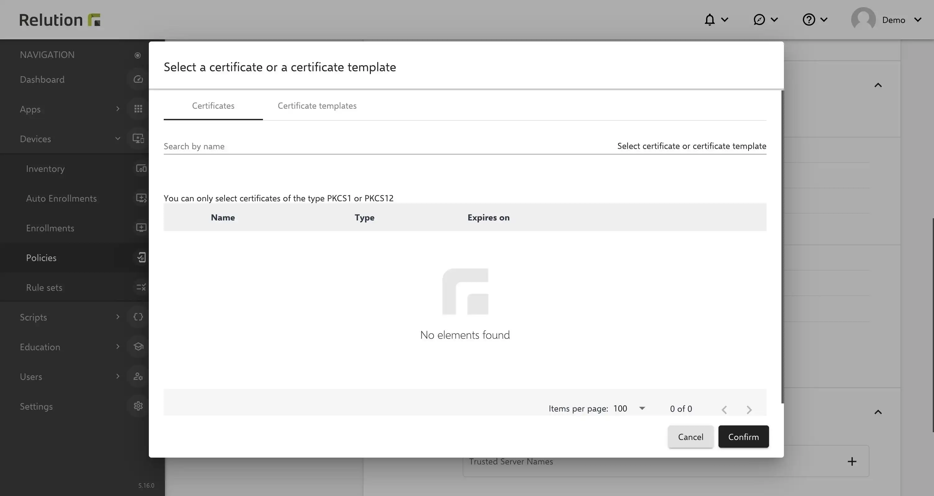 Visualizzazione della configurazione delle policy di Relution con supporto per i certificati PKCS12 nelle impostazioni VPN e WLAN