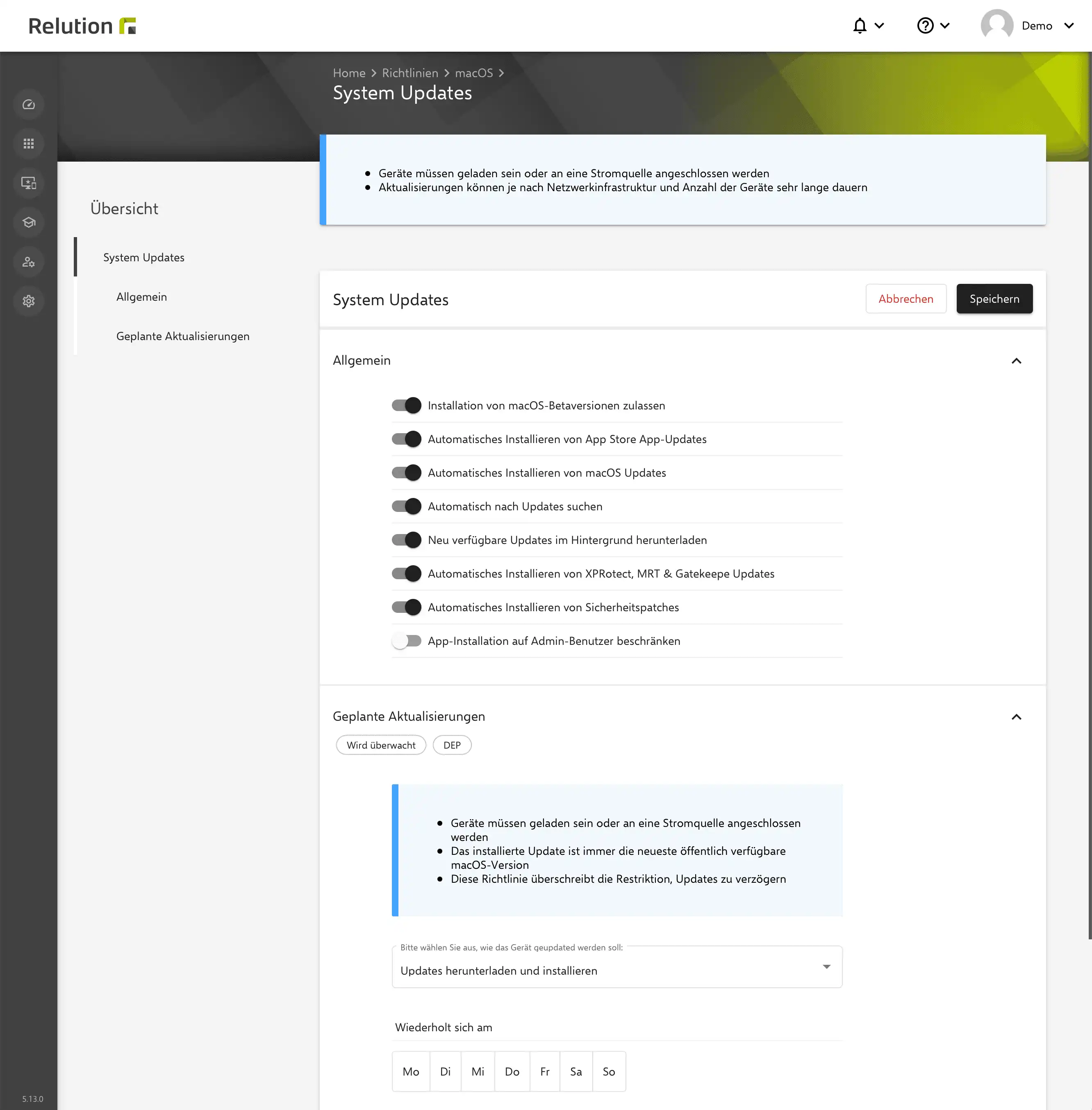 Konfiguration „System-Updates verwalten“ in Relution zur automatisierten Installation von Betriebssystemupdates per Richtlinie