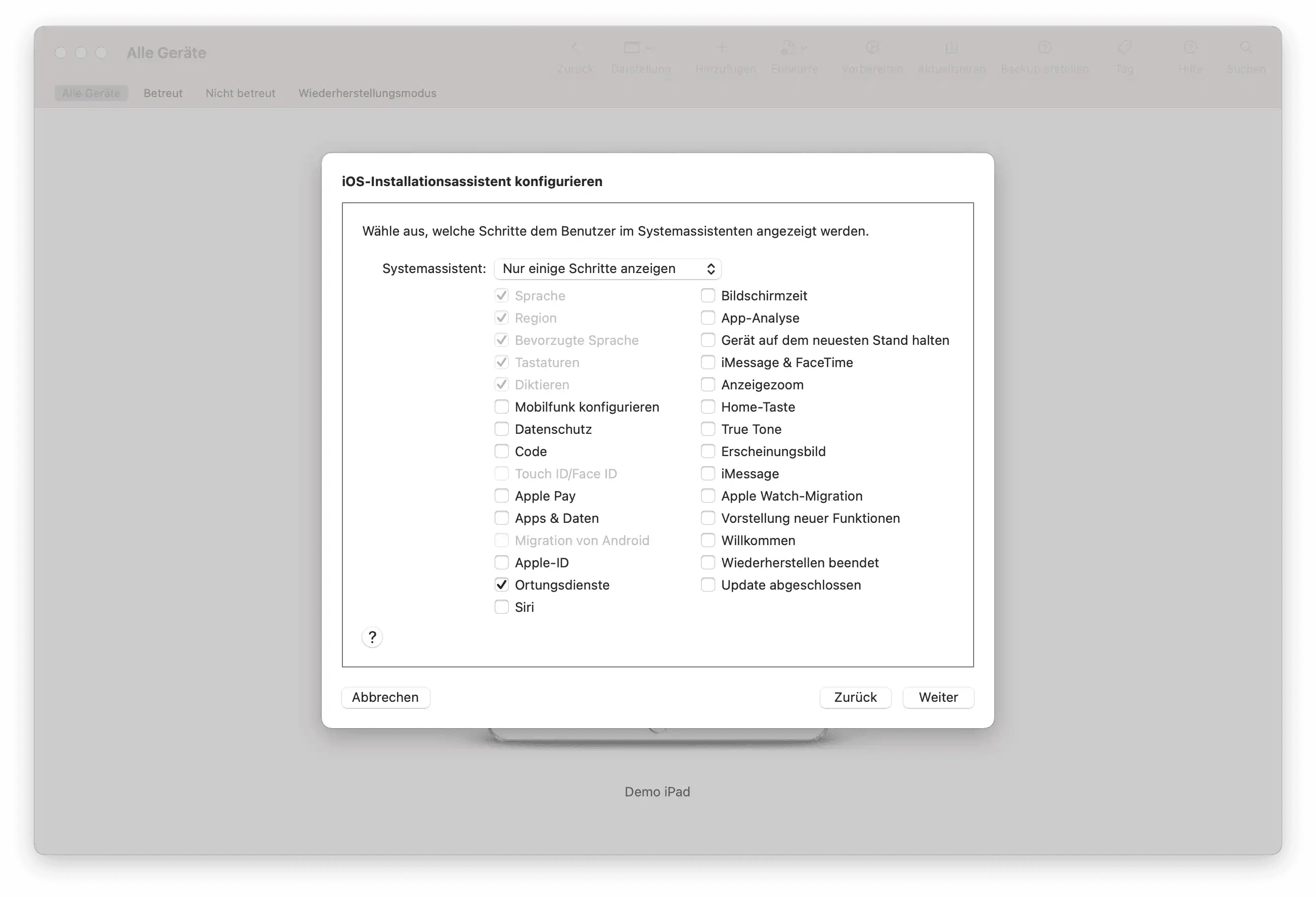 Konfigurationsschritte im Apple Configurator 2 zur Festlegung der Setup-Optionen mit aktivierter Auswahl „Ortungsdienste“ zur Zeitzonenanpassung