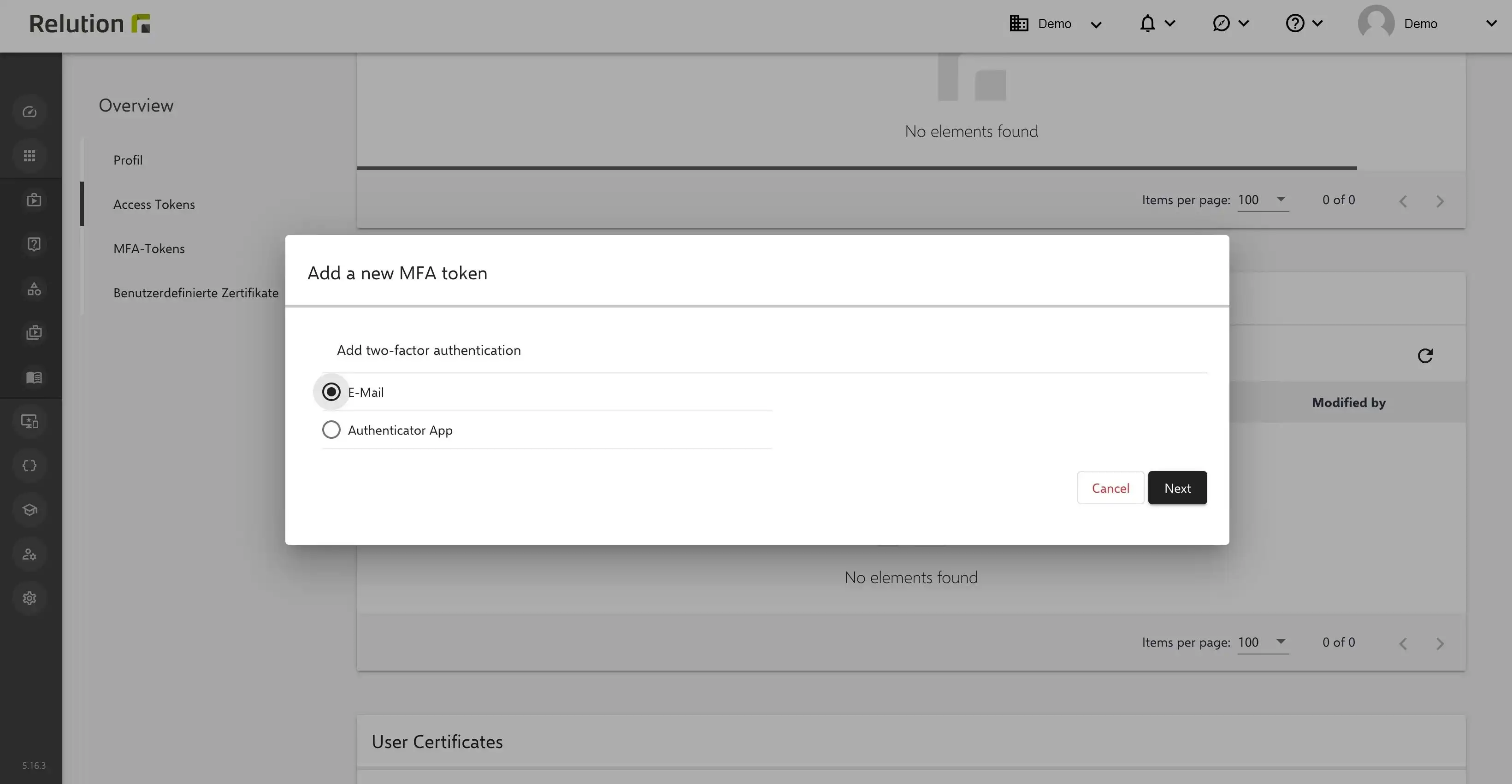 Menu view in the Relution portal for users to activate MFA with the option to add email tokens and enter an email address