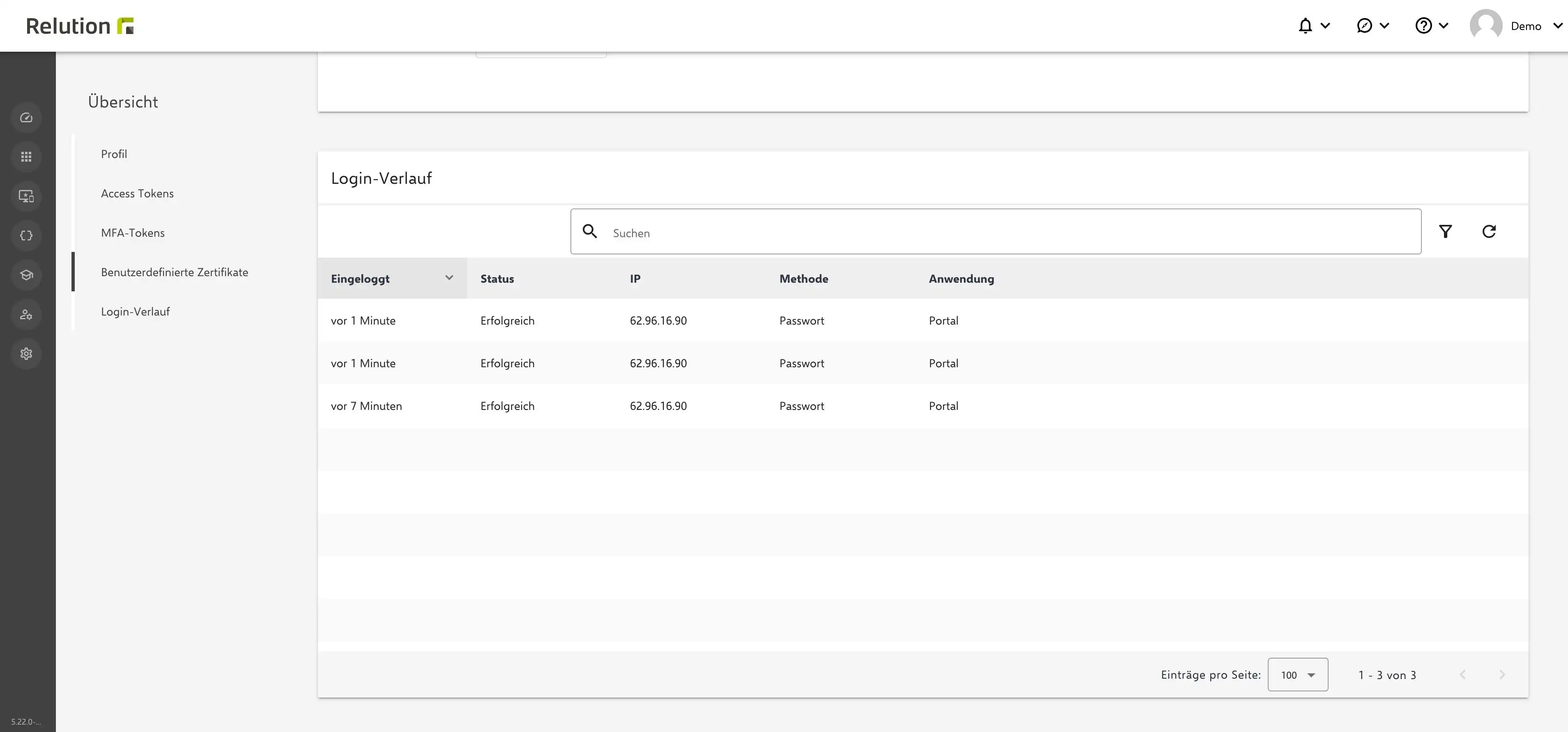 Darstellung des Login-Verlaufs in Relution mit Informationen zu Anmeldezeitpunkt, Status, IP-Adresse und Herkunft der Anmeldung