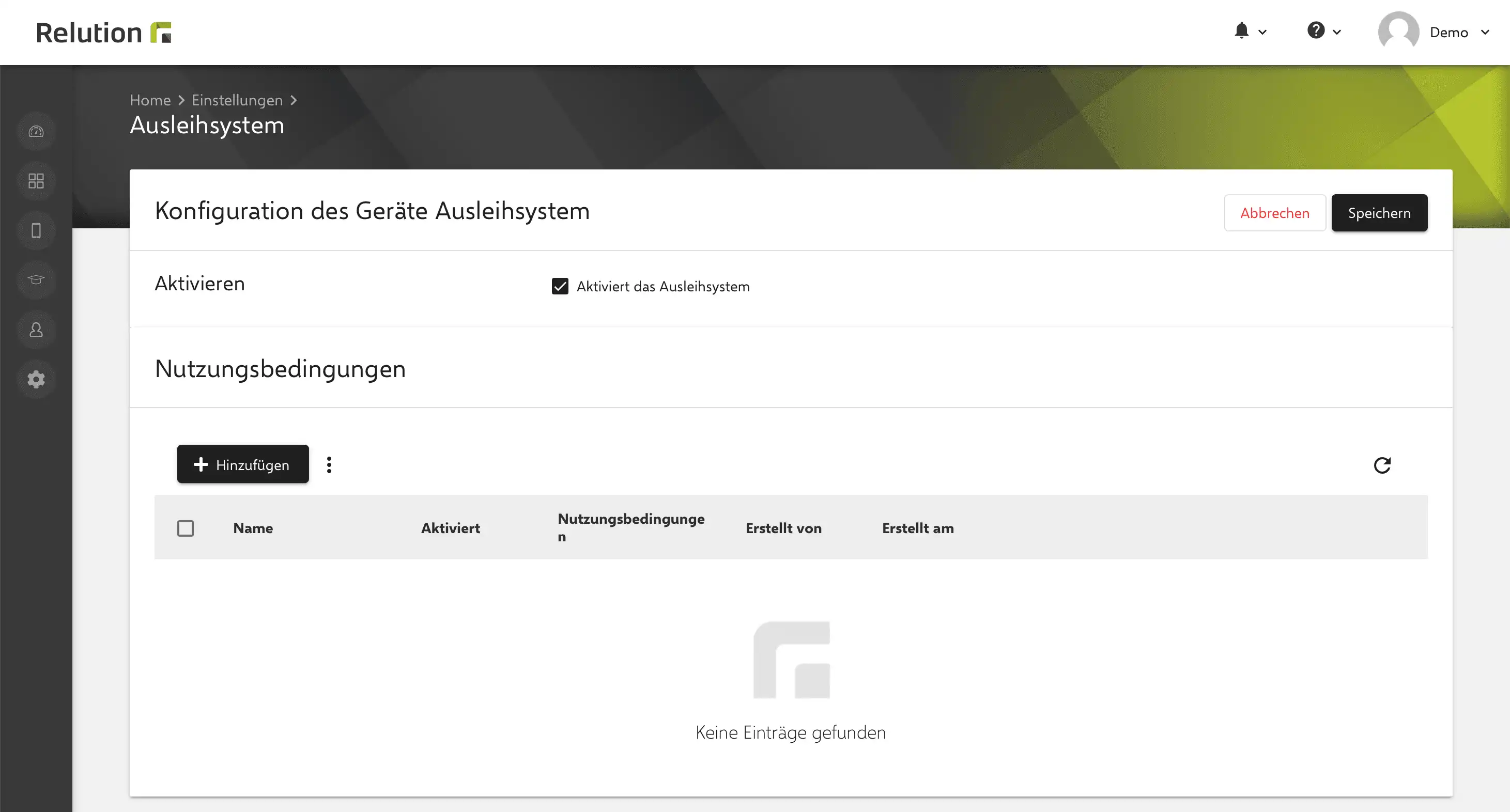 Screenshot der Verleihmaske in der Relution App mit einer Option, Nutzungsbedingungen für die Geräteausleihe hinzuzufügen