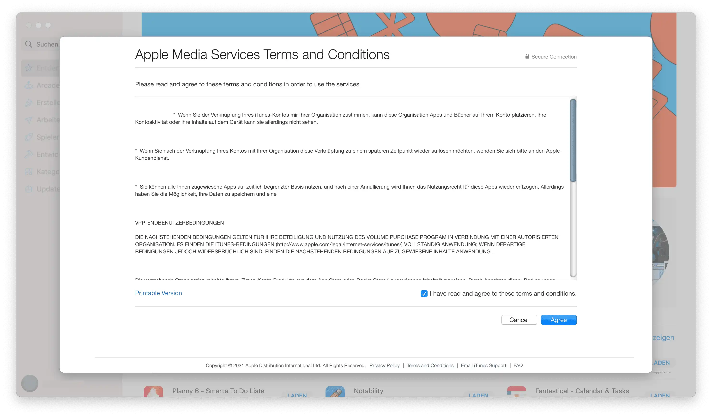 Screenshot der iTunes-AGBs, die nach Anmeldung mit der persönlichen Apple-ID akzeptiert werden müssen