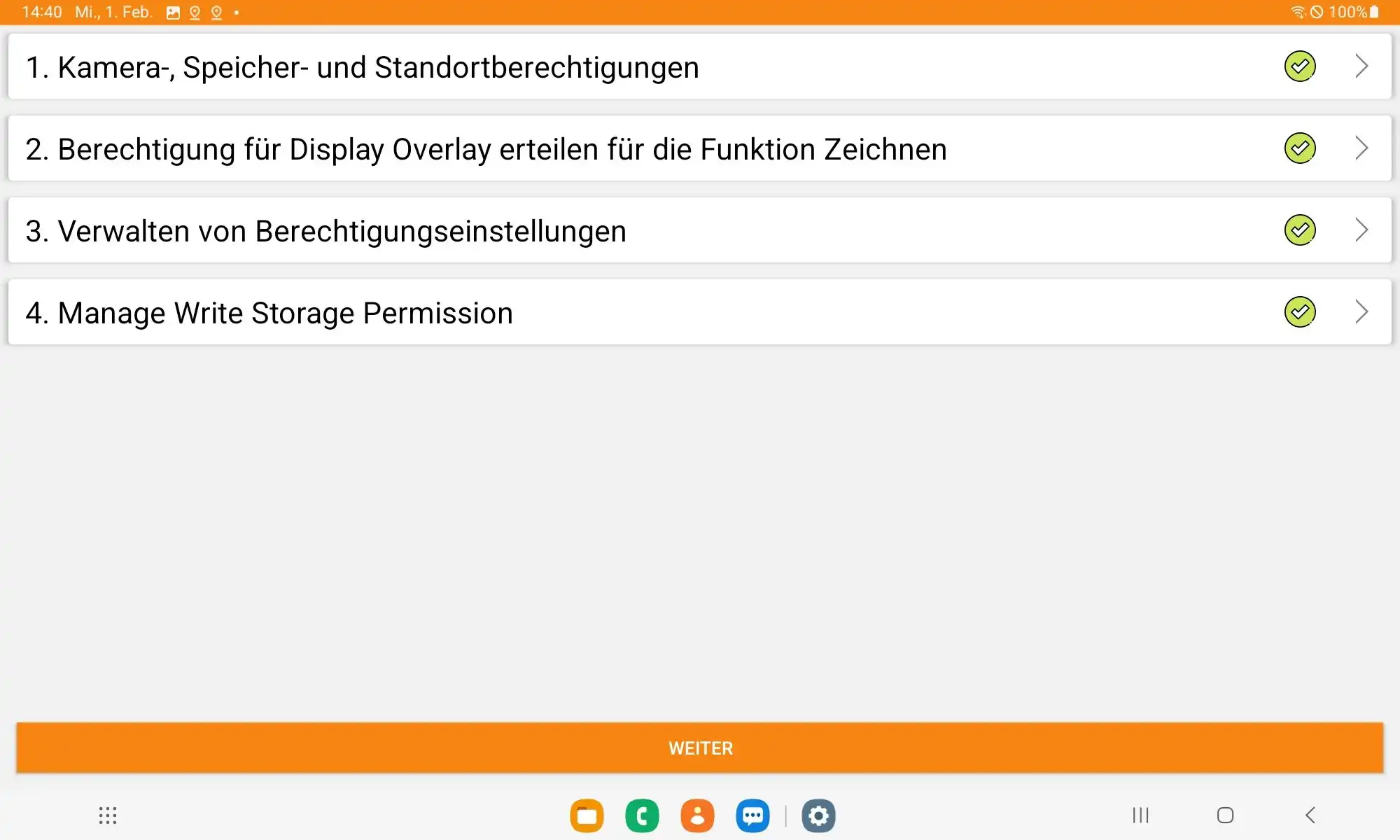 Übersicht über die akzeptierten Berechtigungen auf einem Beispielgerät in der Samsung Classroom Management App