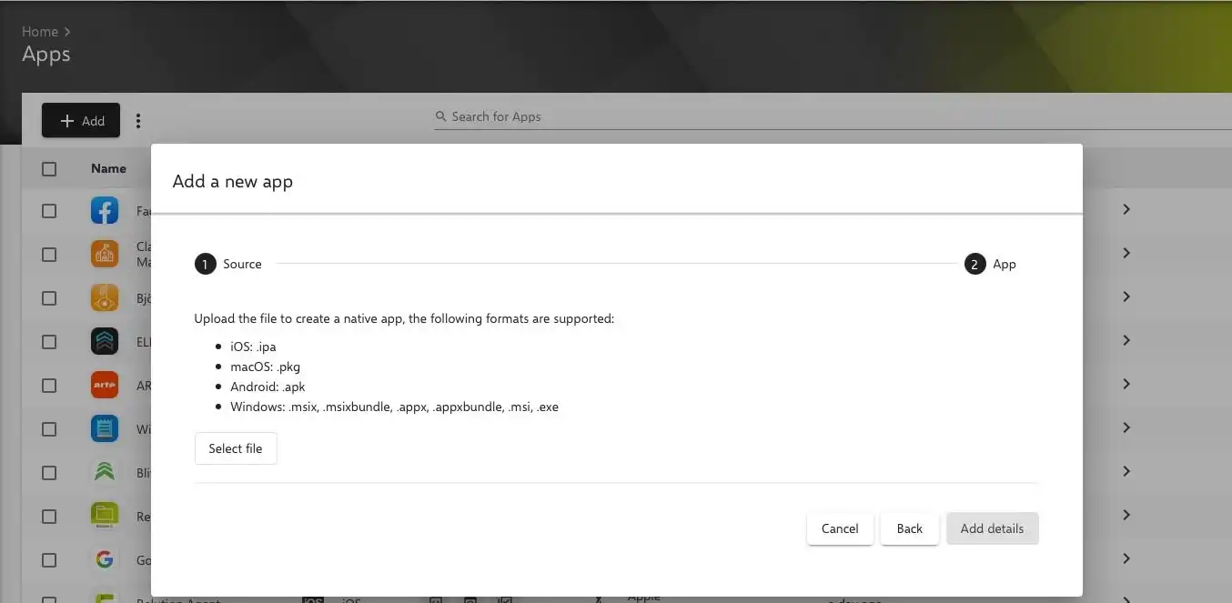 Proceso de carga en Relution para el archivo adecuado en formato ".msi" o ".exe" utilizando la opción "Select file" y el administrador de archivos nativo