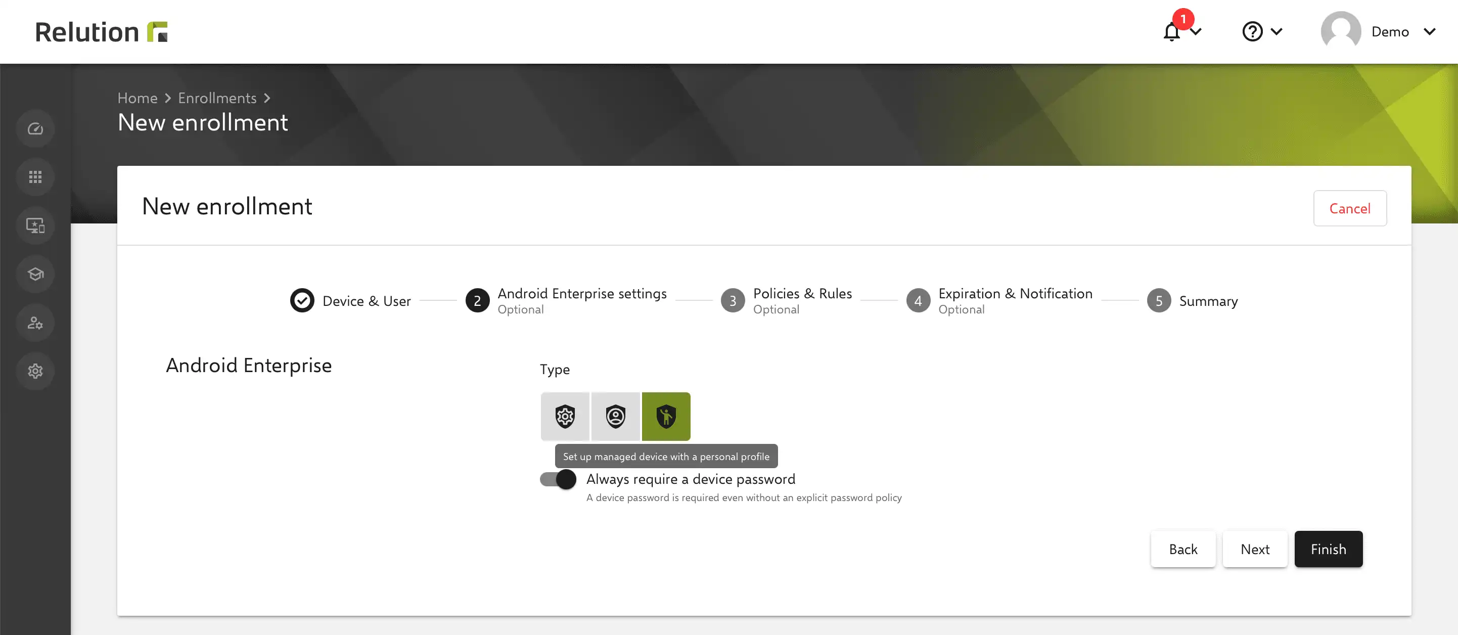 Inscripción de un dispositivo Android Enterprise con la opción de configurar un perfil personal en Relution