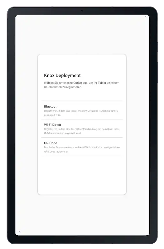 Bir tableti bir şirkete bağlamak için standart Android kurulum sihirbazındaki kayıt seçenekleri, Bluetooth, Wi-Fi Direct ve QR kodu dahil