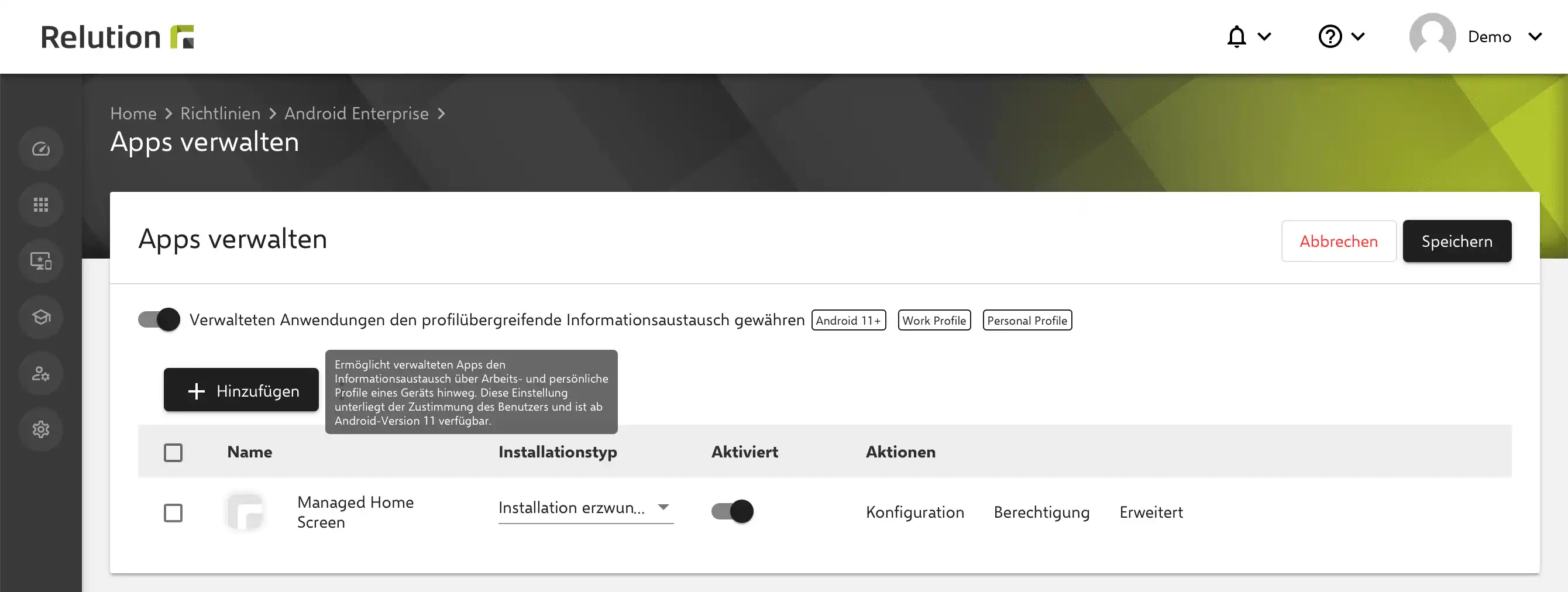 Einstellung in der Android Enterprise „Apps verwalten“-Konfiguration zur Aktivierung des Informationsaustauschs zwischen Arbeits- und persönlichen Profilen ab Android 11