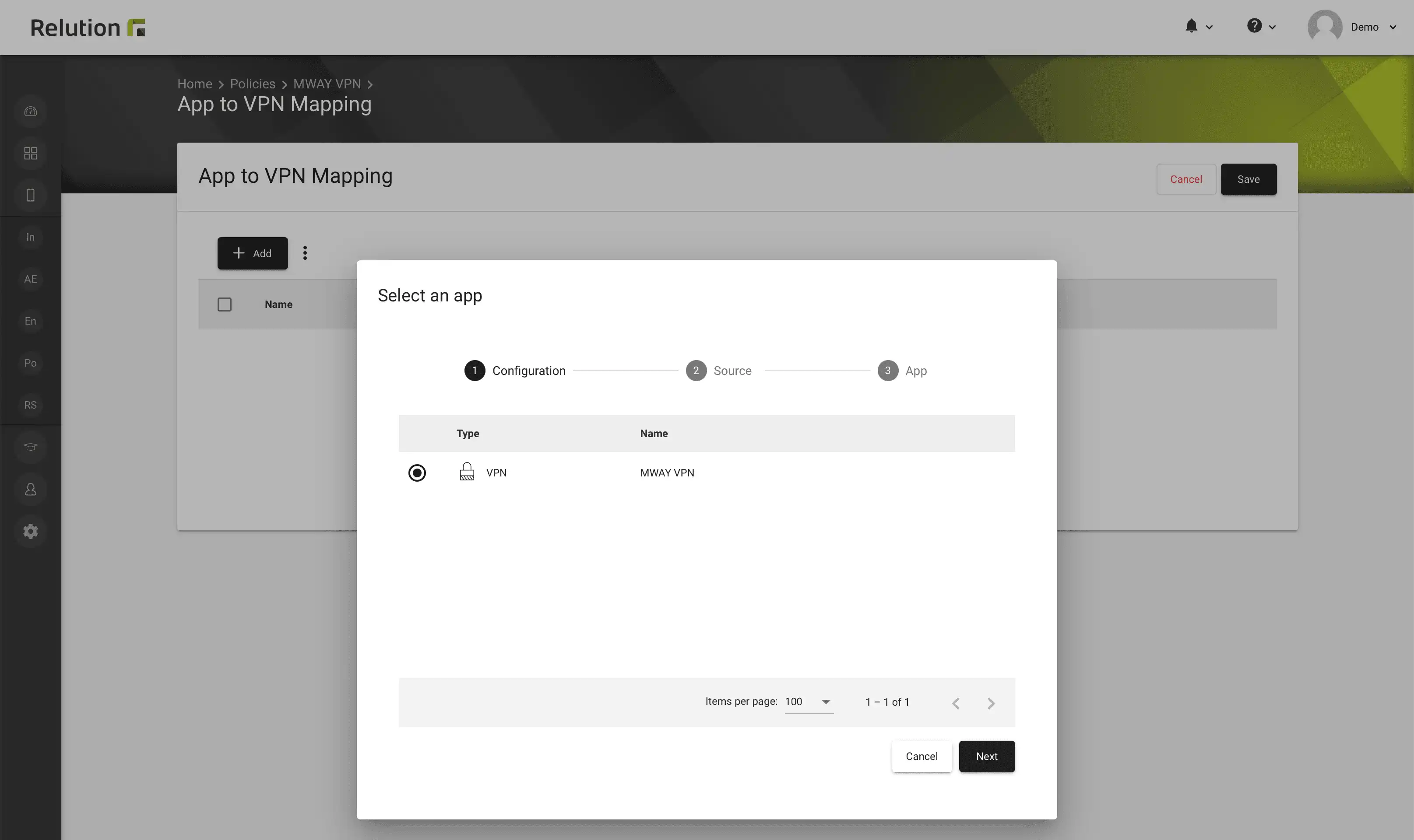 Selezione delle app nella configurazione di Relution "Assegnazione app a VPN" con l'applicazione "VPN"